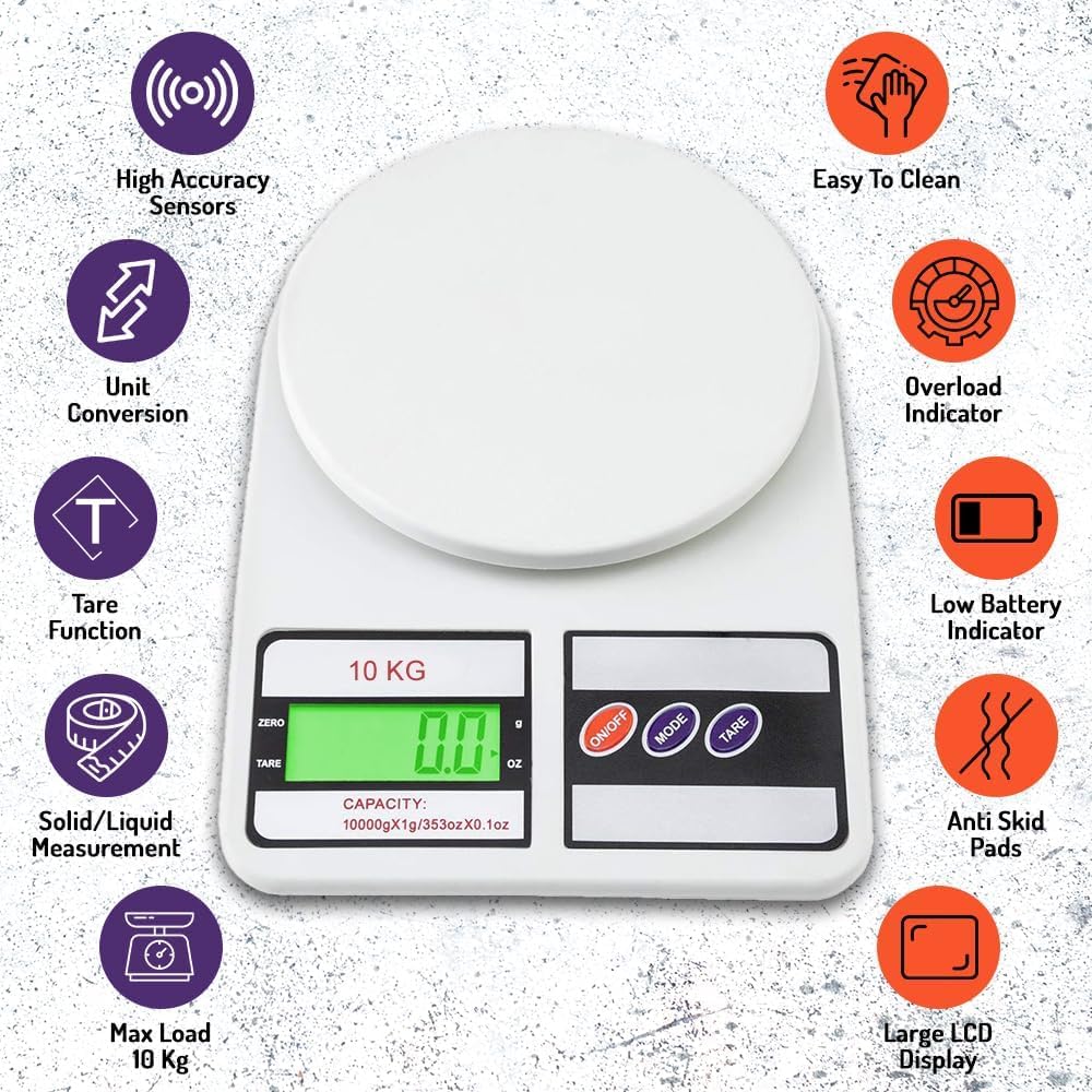 Viblizz Digital Kitchen Weighing Scale 10kg | Electronic Food Weight Machine for Home & Kitchen | High Precision SF-400 Scale for Diet, Baking & Cooking | Multipurpose Weight Balance, White