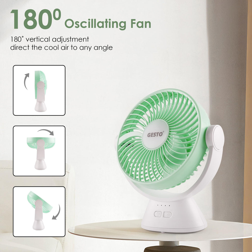 Gesto 7.8 Inch High Speed Rechargeable Table Fan for Home – USB Charging Battery Fan With Led Light | 2400mAh Battery for Upto 8 Hrs. Runtime | 3 Speed Modes Portable fan for Home,Office,Kitchen-Green