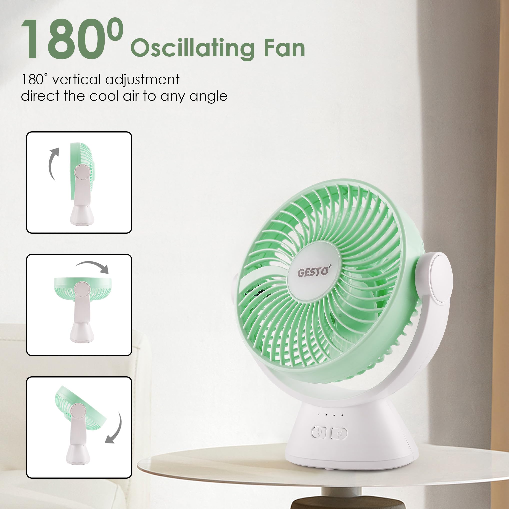 Gesto 7.8 Inch High Speed Rechargeable Table Fan for Home – USB Charging Battery Fan With Led Light | 2400mAh Battery for Upto 8 Hrs. Runtime | 3 Speed Modes Portable fan for Home,Office,Kitchen-Green