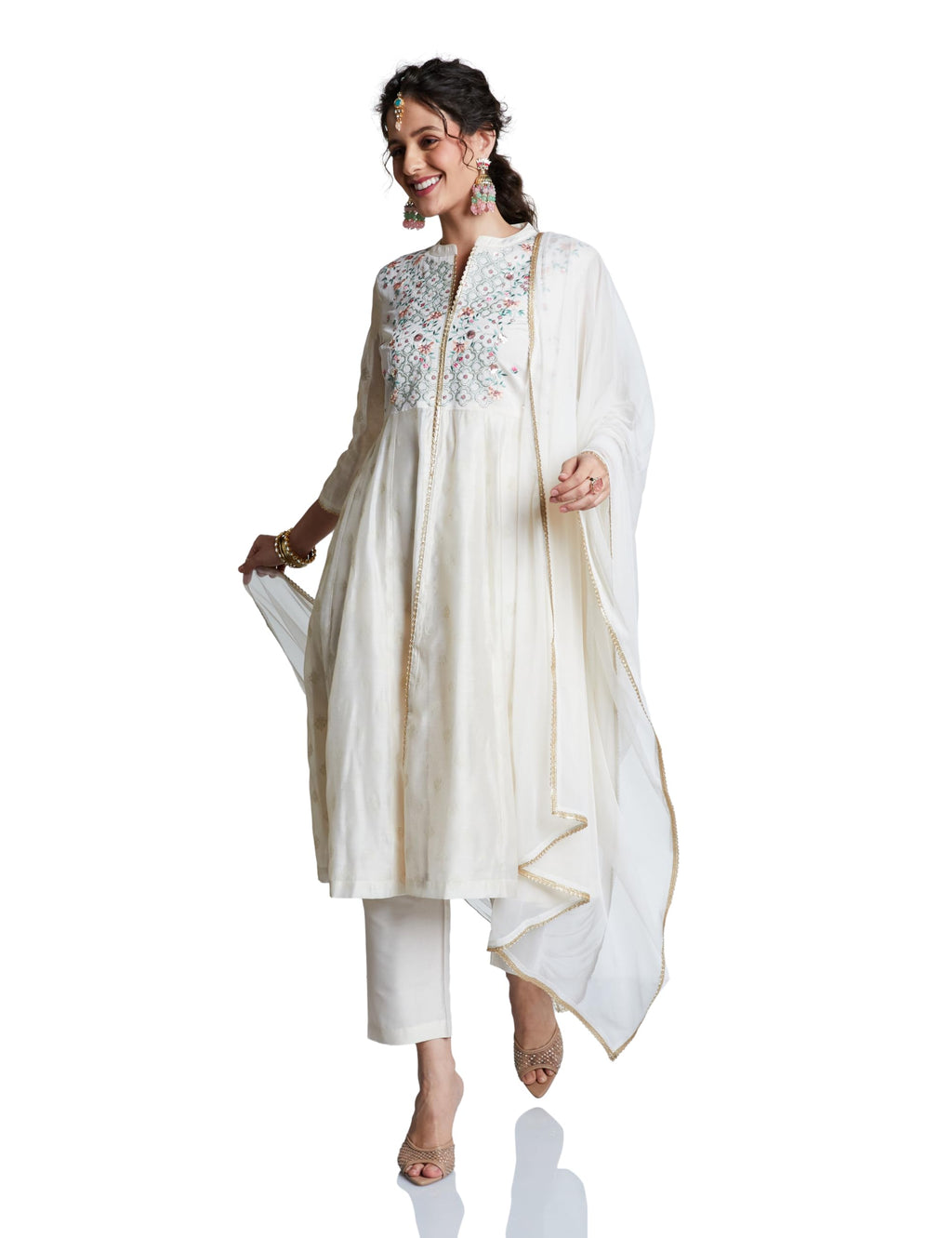 Amazon Brand - Myx Women's Embroidered Anarkali Kurta Set with Mesh Dupatta | Chanderi Blend (AW25-MYX-GEE-KS-23_Off-white_3XL)