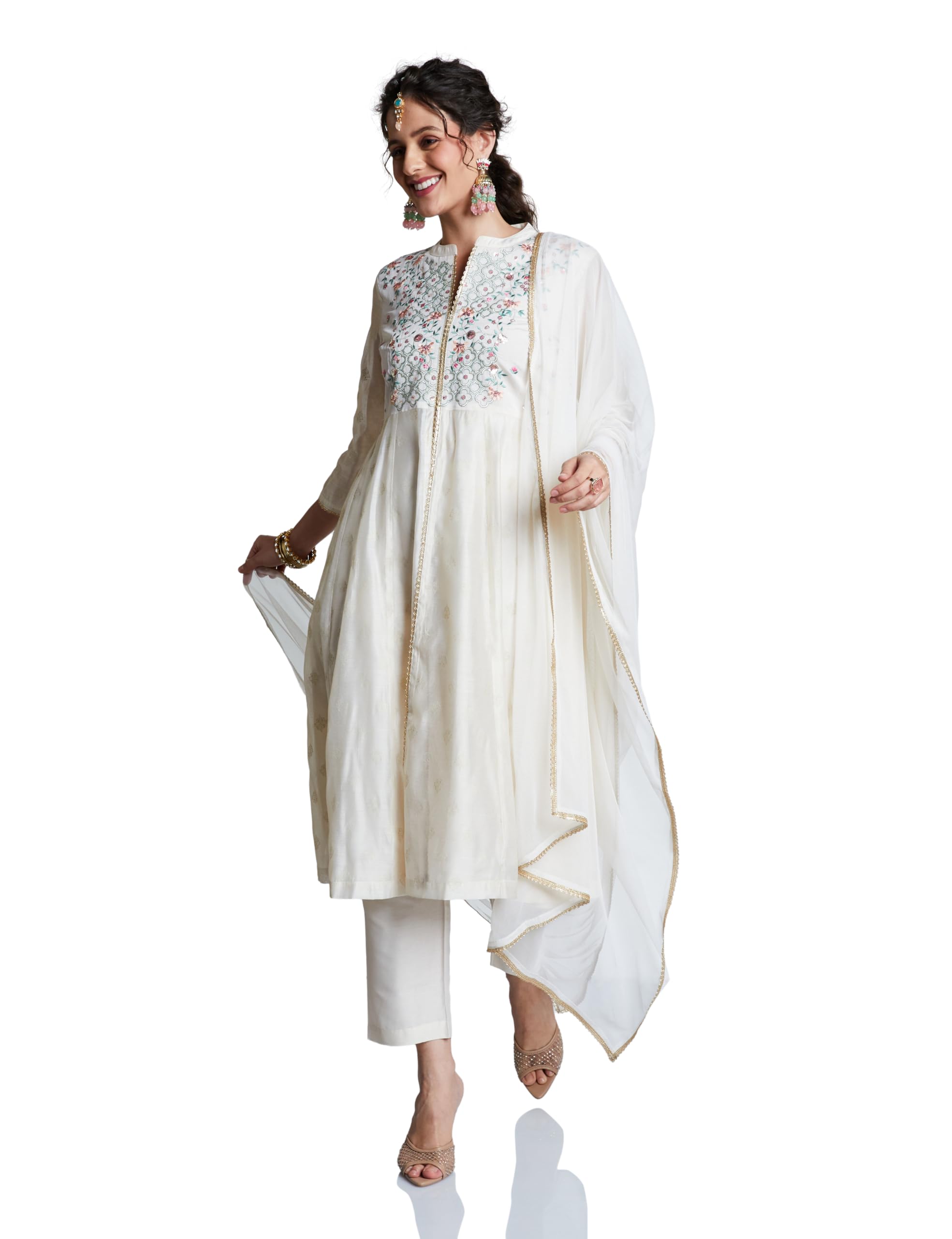 Amazon Brand - Myx Women's Embroidered Anarkali Kurta Set with Mesh Dupatta | Chanderi Blend (AW25-MYX-GEE-KS-23_Off-white_3XL)