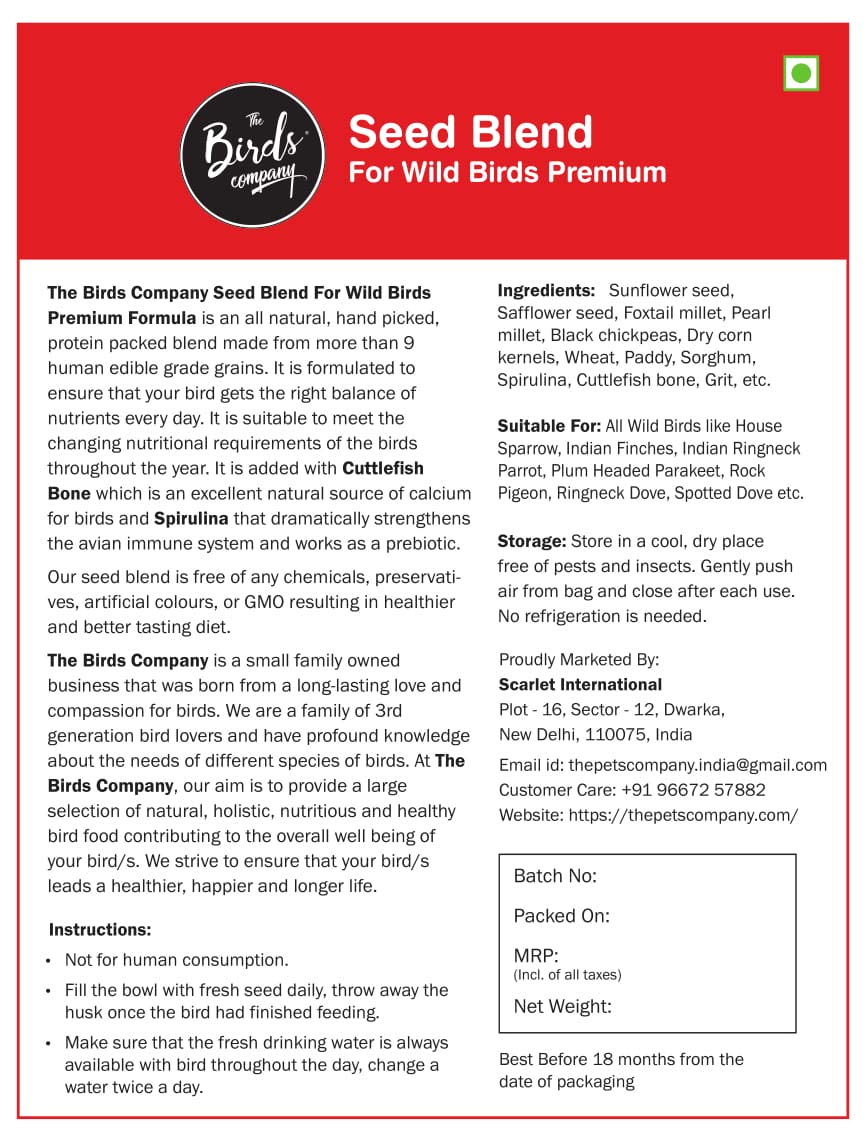 The Birds Company Premium Seed Blend of 9 Grains & Nuts, Bird Feeder Food Refill, Mix Seeds for Outside Wild Birds, Indian Parrot, Sparrow, Doves, 450 g