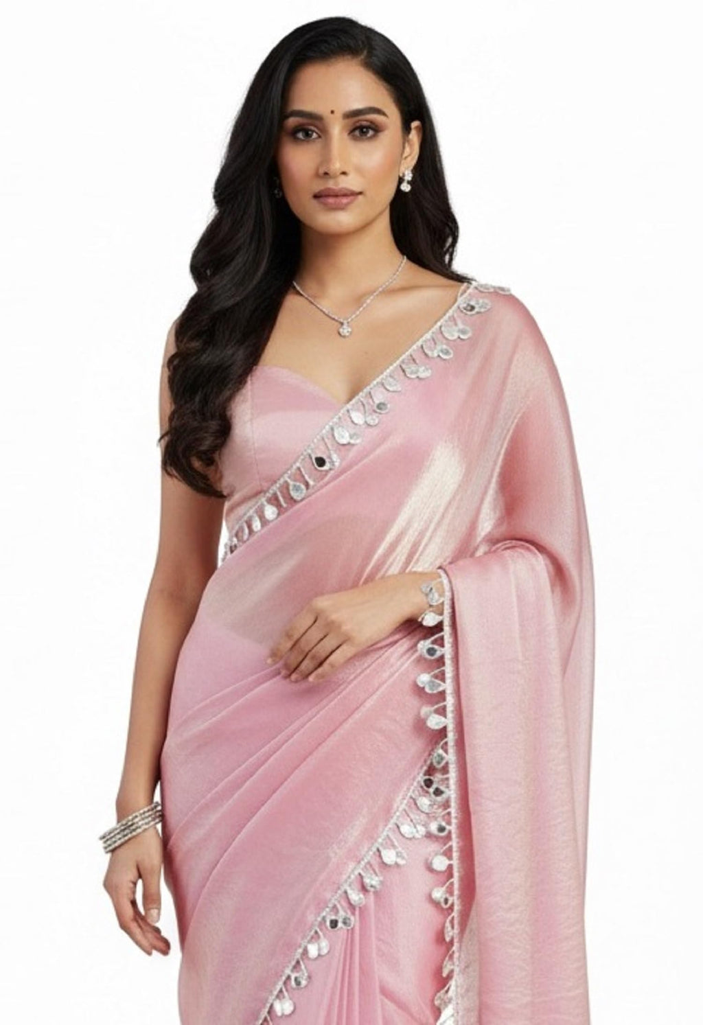 SATAZ Women's Ready to Wear Rose Pink Satin Tissue Silk Saree With Mirror Lace And Unstitched Blouse