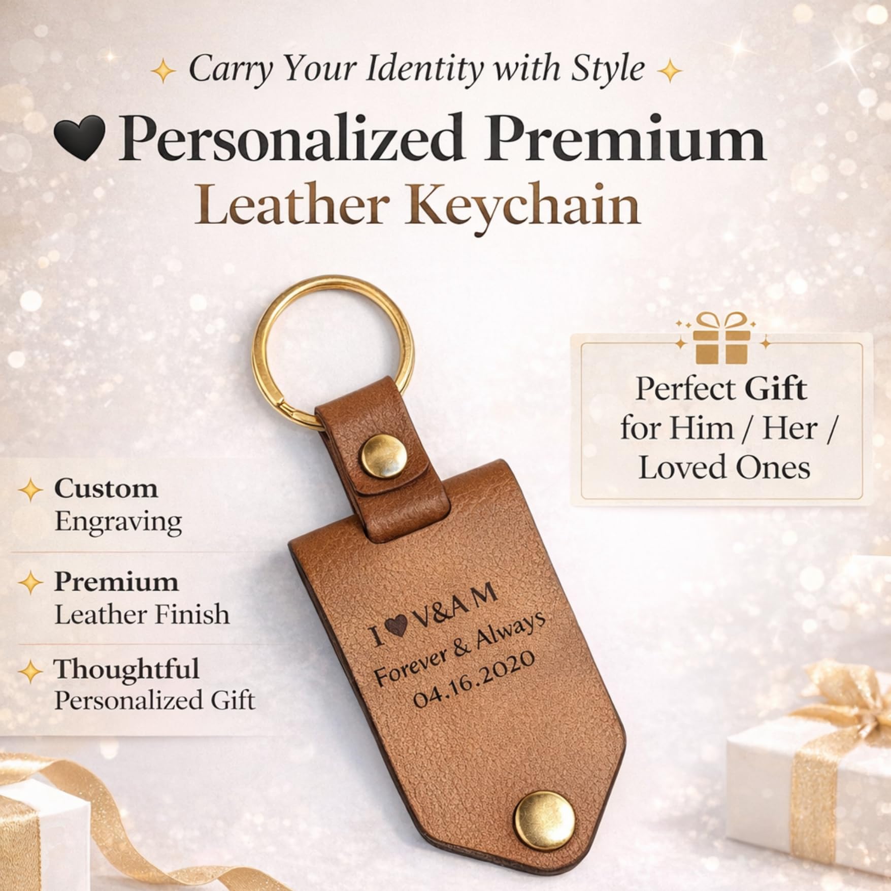 The Bae Gift Personalised Leather Keychain with Custom Name & Charm, Unisex, Modern Style, Customisable (TAN)