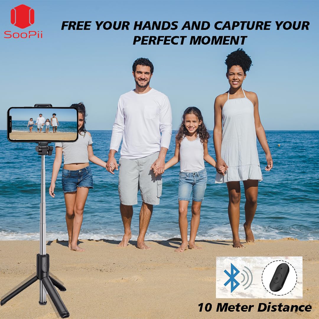 SOOPII 3-in-1 Selfie Stick with Bluetooth Remote, Foldable Tripod Stand, Compact & Extendable Upto 70 cm / 27.5 inches Mobile Stand Holder for iPhone and Android Devices