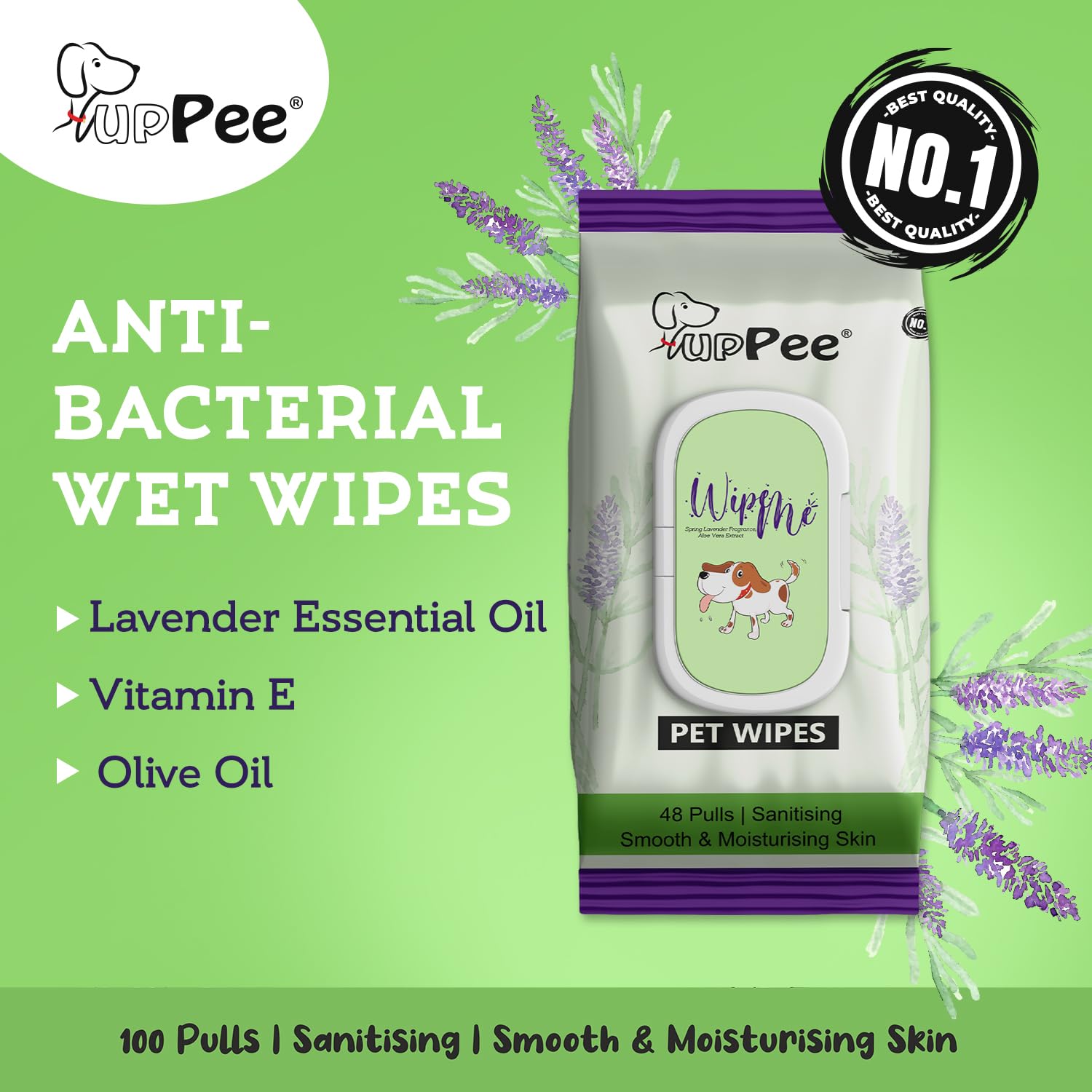 PUPPEE Wipe ME 100% Biodegradable 96 Count (Pack of 2) Wet Wipes for Dogs, Cats & All Pets | Lavender Essential, Vitamin E & Olive Oil | Anti-Bacterial | Cleansing, Deodorising & Grooming Wipes