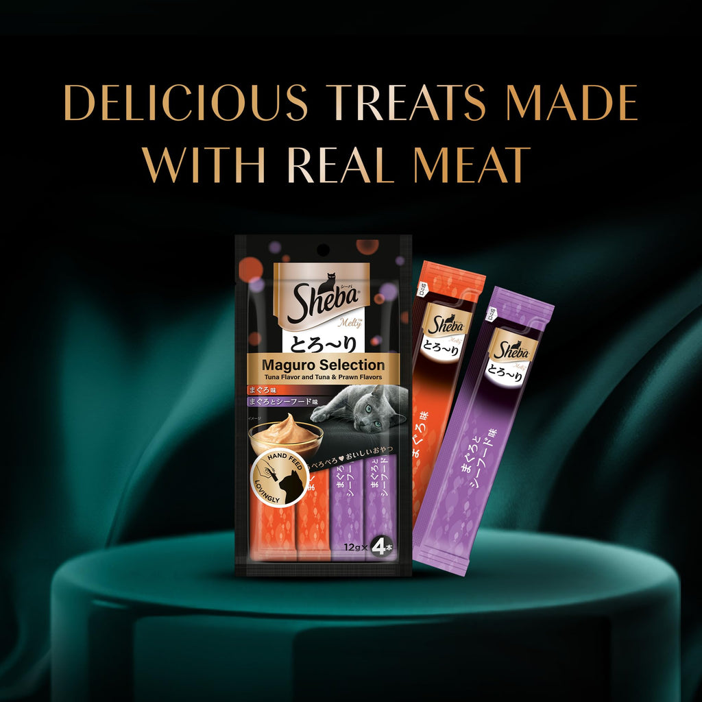 Sheba Melty Premium Lickable Creamy Cat Treats, Maguro Selection – Tuna & Tuna & Prawn Flavors, 4 Sticks x 12g (48g), Creamy Treats for Bonding