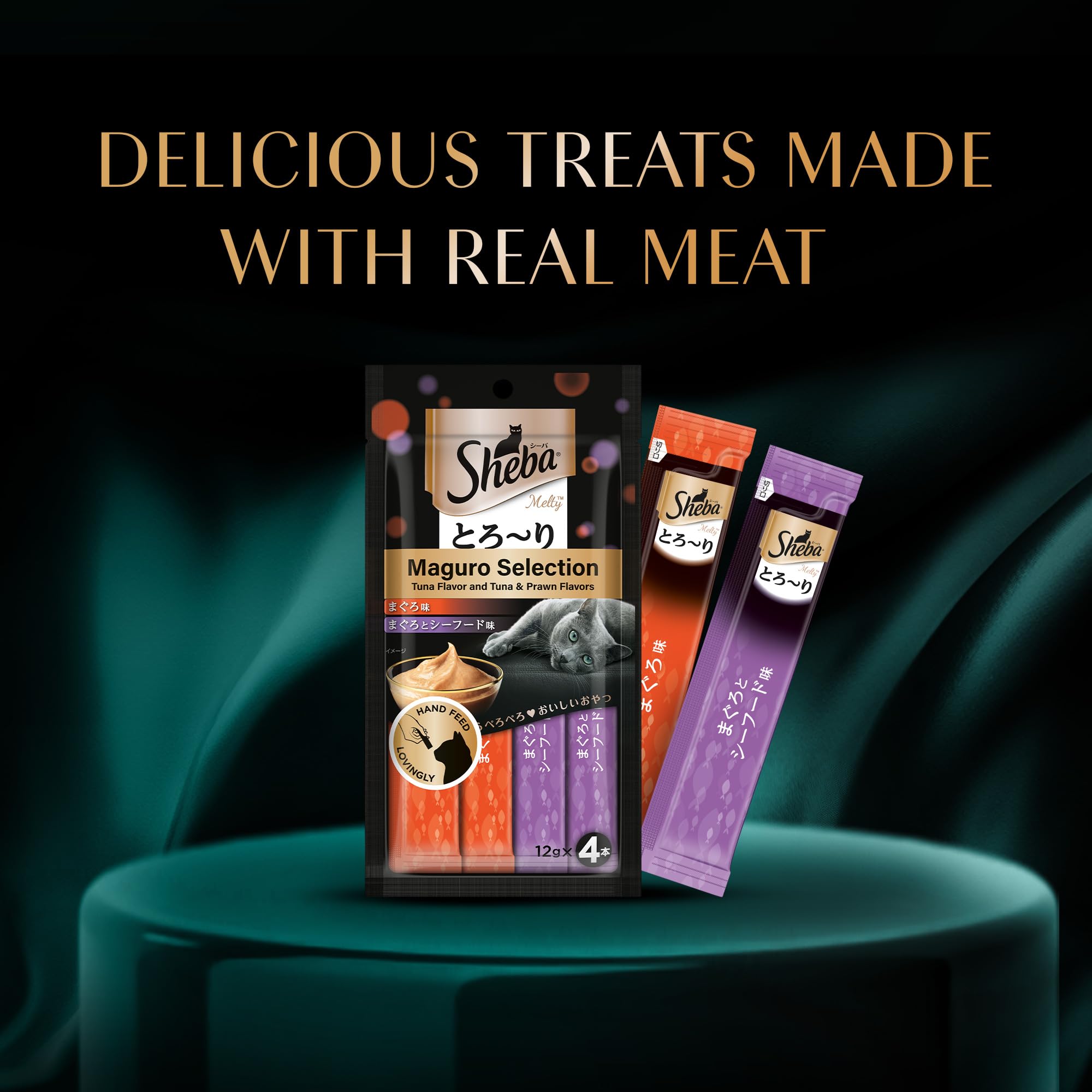 Sheba Melty Premium Lickable Creamy Cat Treats, Maguro Selection – Tuna & Tuna & Prawn Flavors, 4 Sticks x 12g (48g), Creamy Treats for Bonding
