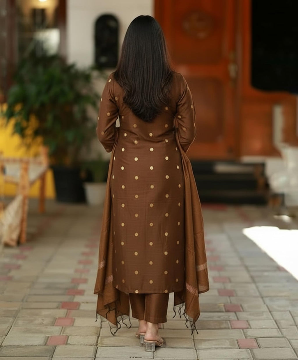 GoSriKi Women's Rayon Viscose Printed Straight Kurta with Pant & Dupatta (SDF BROWN-VKS01-GS_XXL_BROWN_XX-Large)