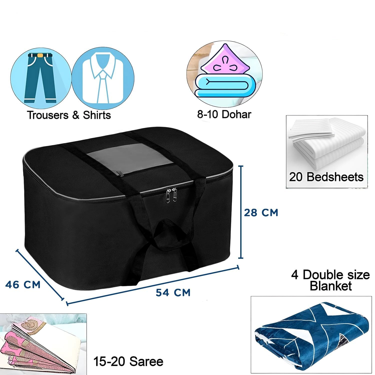 Storite Moisture Proof Nylon Large Size Foldable Underbed Storage Bag For Clothes, Blankets (54 x 46 x 28 cm) - Black, Rectangular