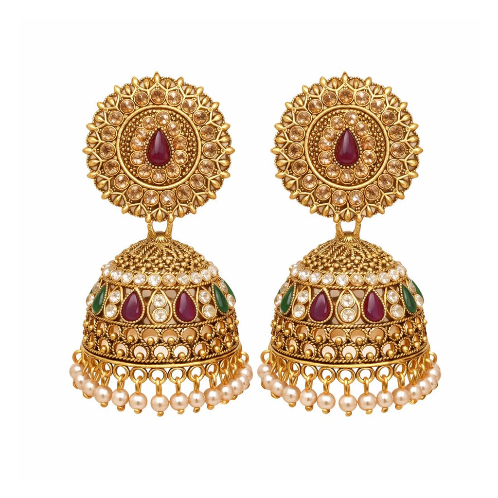 Gold Plated Kundan Pearl Jhumka Earrings for Women,Traditional Indian Bridal Ethnic Earrings for Wedding, Festive & Party, Pack of 1