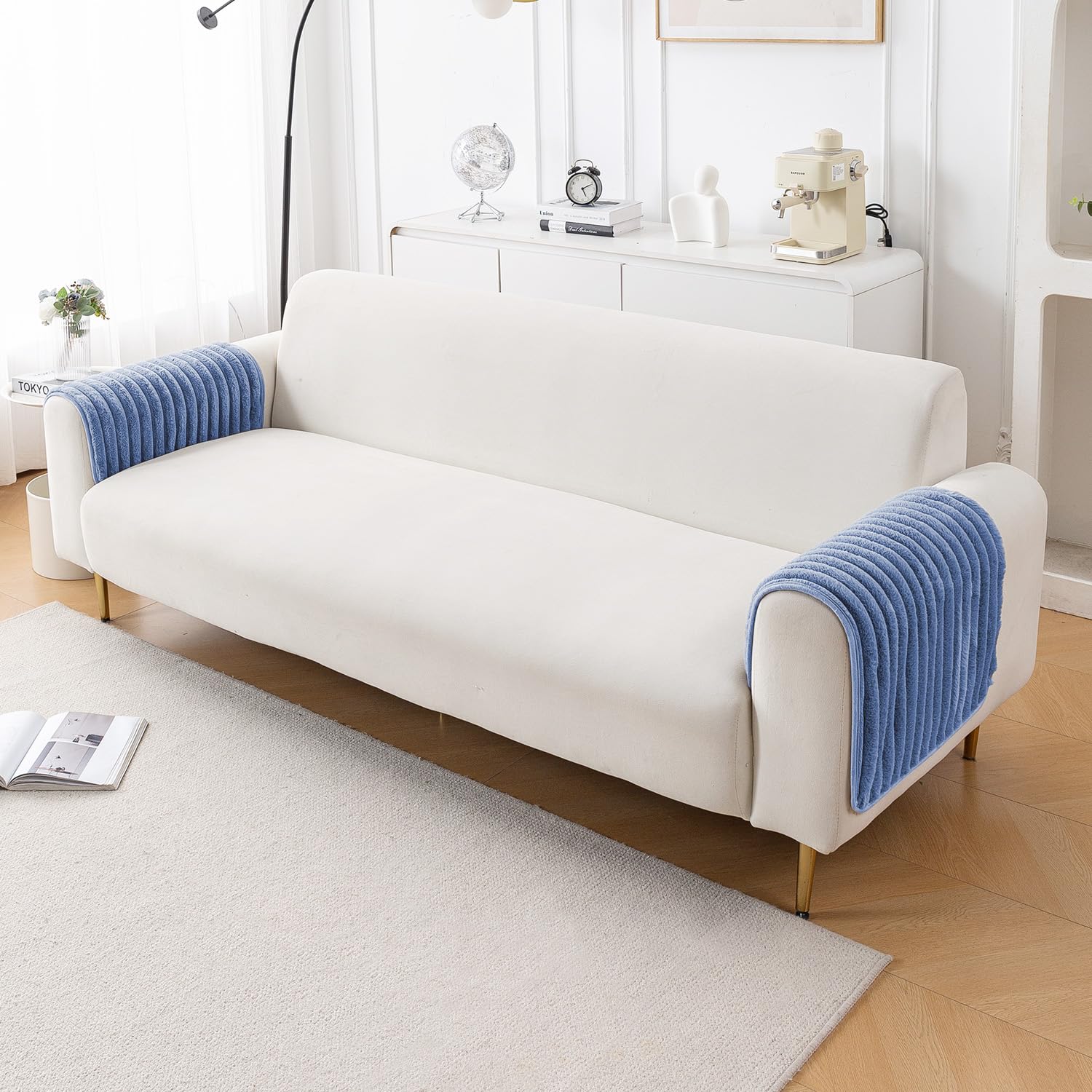 HOKIPO Faux Rabbit Fur Sofa Armrest Covers with Anti-Slip Backing| 1 Pair|Snuggle Fur Denim Blue (AR-6341-BL*2)