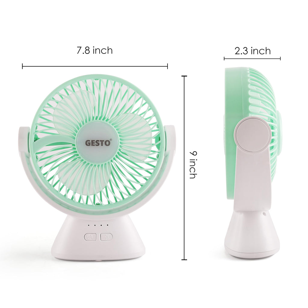 Gesto 7.8 Inch High Speed Rechargeable Table Fan for Home – USB Charging Battery Fan With Led Light | 2400mAh Battery for Upto 8 Hrs. Runtime | 3 Speed Modes Portable fan for Home,Office,Kitchen-Green