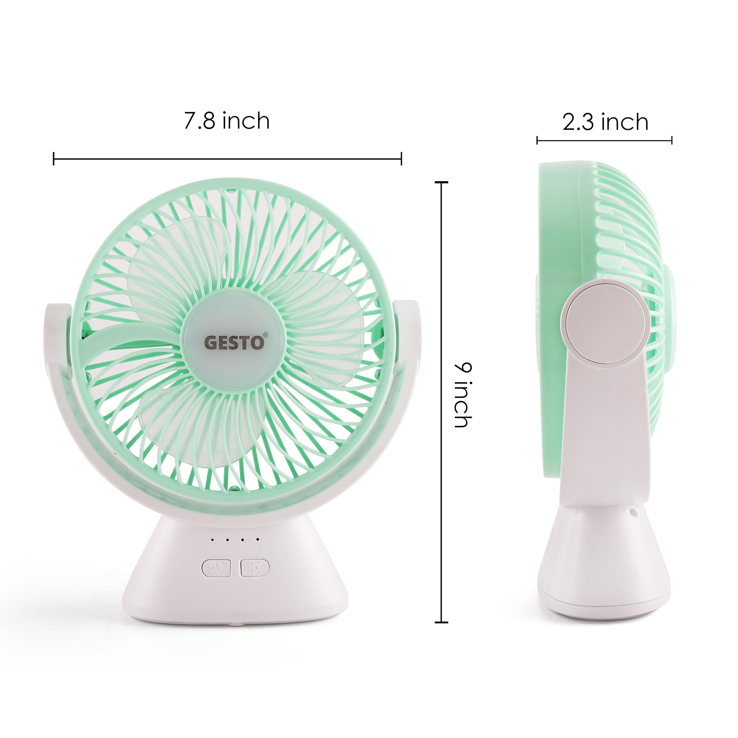 Gesto 7.8 Inch High Speed Rechargeable Table Fan for Home – USB Charging Battery Fan With Led Light | 2400mAh Battery for Upto 8 Hrs. Runtime | 3 Speed Modes Portable fan for Home,Office,Kitchen-Green