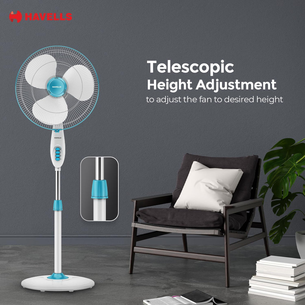 Havells Gatik Pro 400mm Pedestal Fan| 120 Ribs Guard for Safety| Smooth Oscillation| Heavy Base| ISI Marked | 2 Year Warranty | Blue