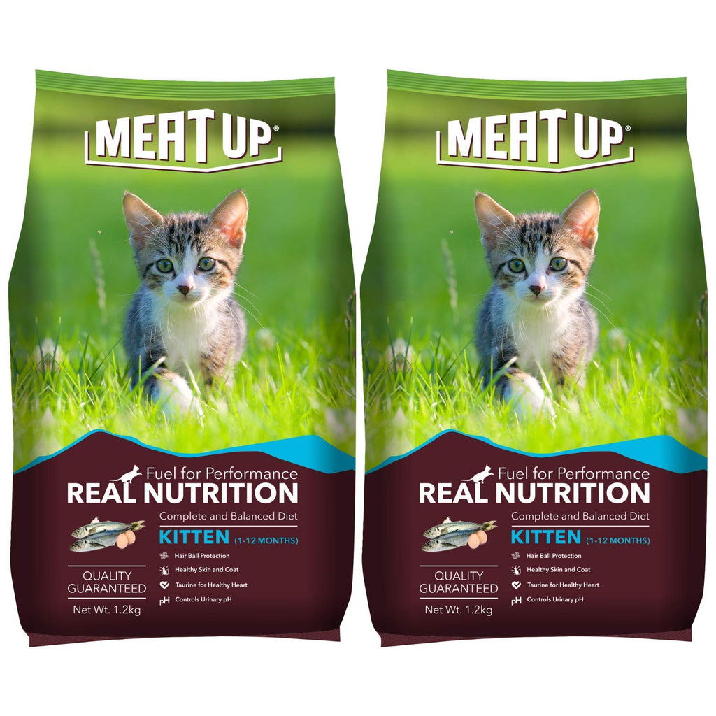 Meat Up Kitten Dry Cat Food (Up to 12 Months) 1.2kg + 1.2kg (Total 2.4kg Pack) | Ocean Fish Flavour | Complete Nutrition | Taurine for Heart