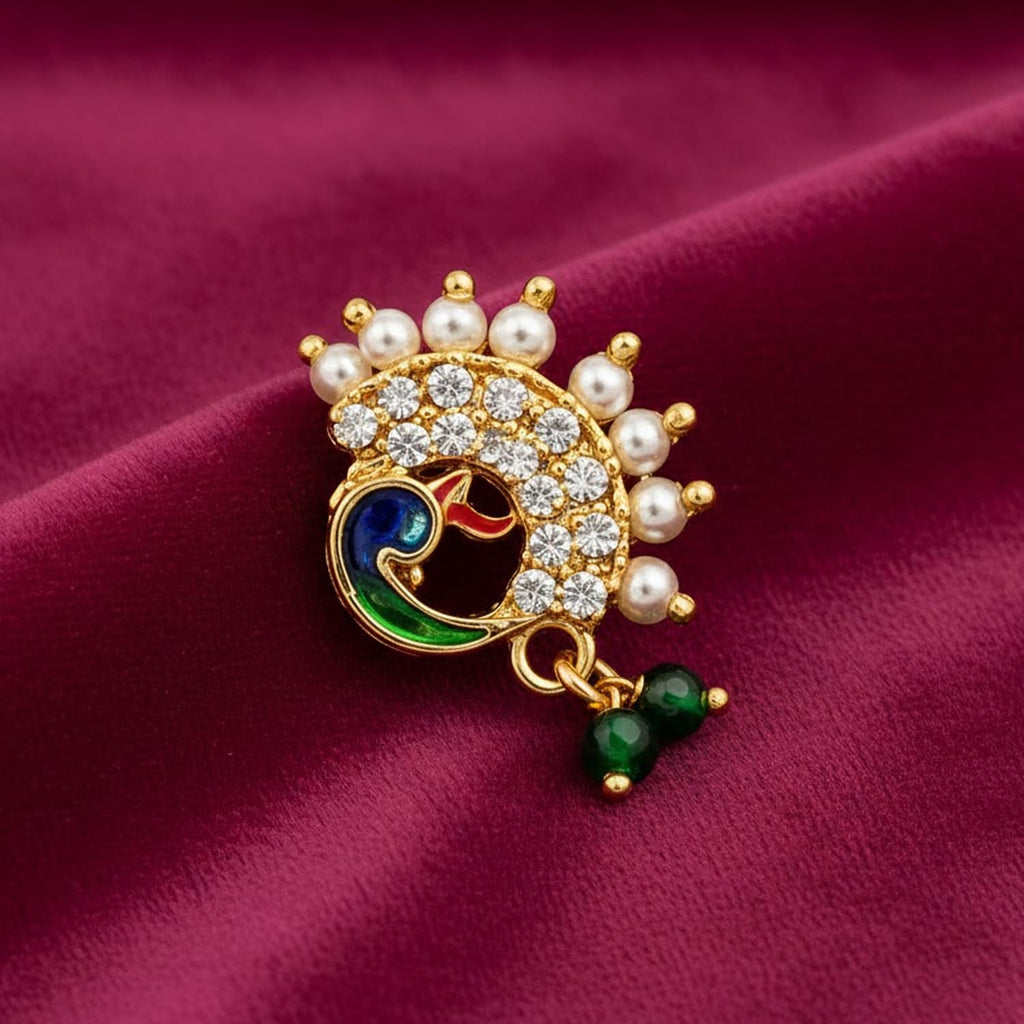VAMA FASHIONS Gold Plated Maharastrian Marathi Nathni Pearl Nose Ring Pressing Nosepin Bridal Piercing Nosering Clip on Nath For Women (Maharashtrian Nose Pin)
