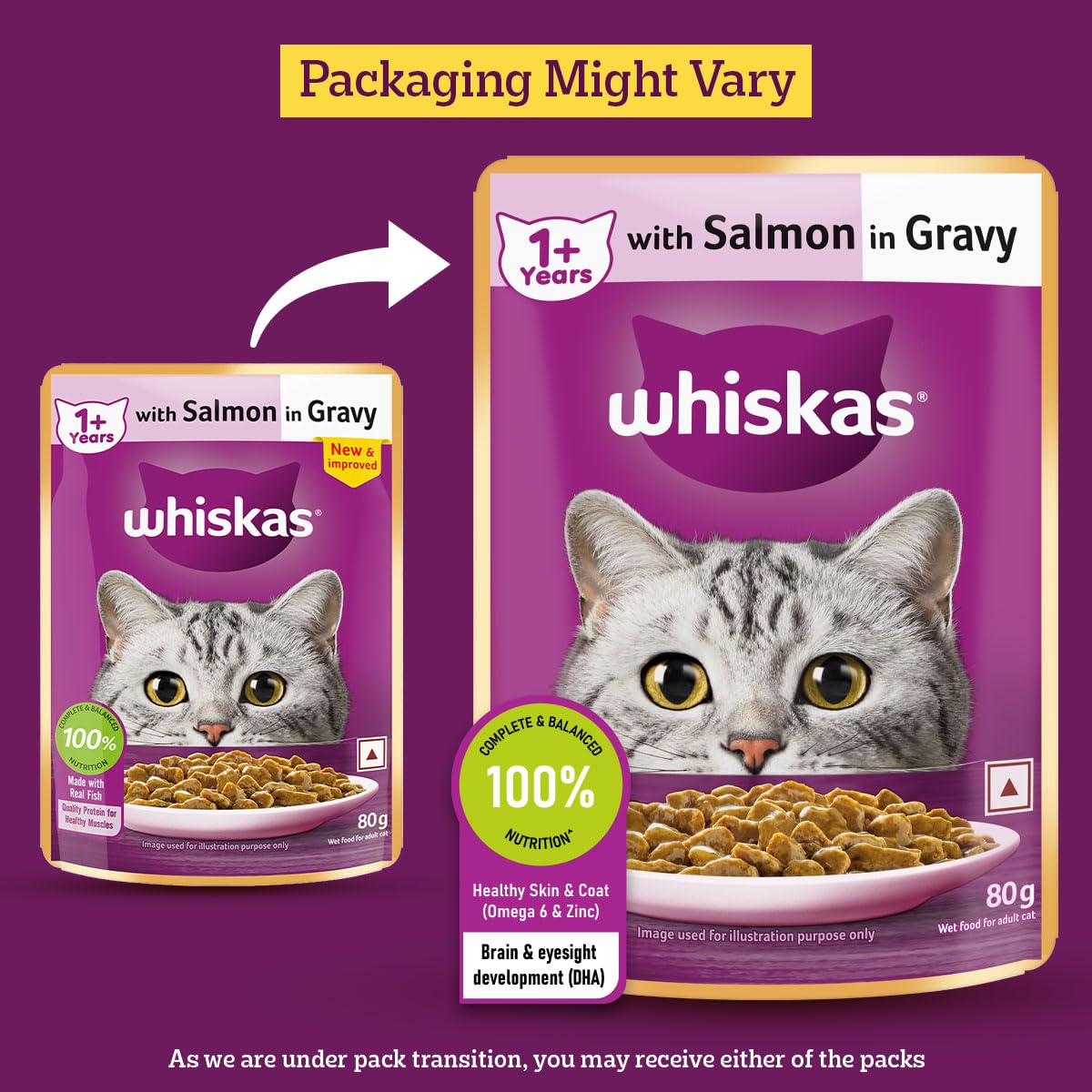 Whiskas Adult (1+ Years) Wet Cat Food, Salmon in Gravy, 80 g (Pack of 14), Hydrating Food Made With Real Fish, 100% Complete & Balanced Nutrition for Adult Cats
