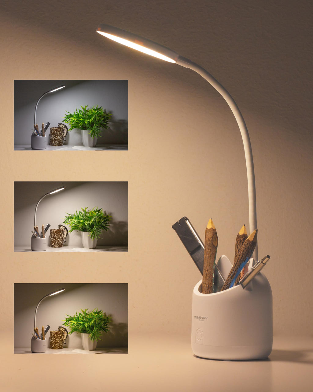 WEIRD WOLF Study Lamp with 3 Colour Modes & Adjustable Brightness Levels | Table Lamp for Study Room with Gooseneck, Pen & Mobile Holder | Rechargeable 1200mAh Battery | 6 Month Warranty