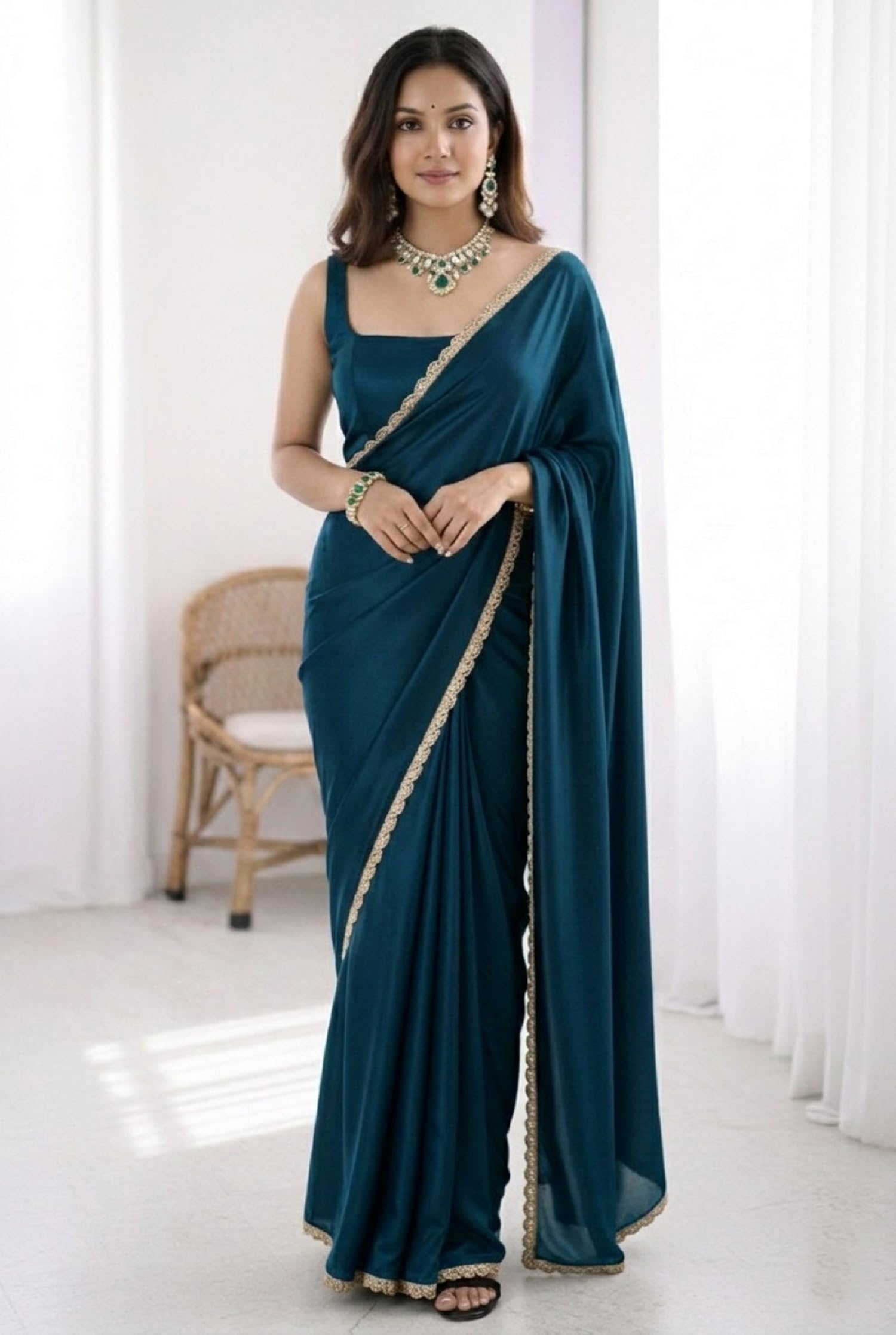 SATAZ Women's Ready To Wear Teal Blue Satin Silk Saree Scalloped Border Readymade Stitched With Unstitched Blouse