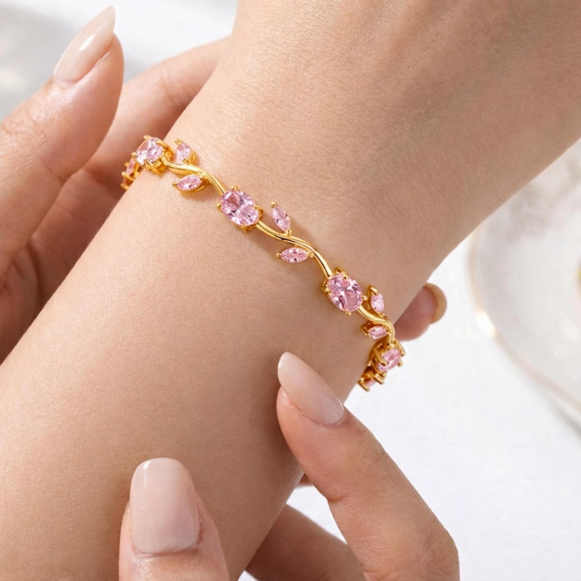 Salve Coquette Golden Baby Tulip Bracelet for Women Stylish | Anti Tarnish Jewellery for Women, Hand Wristlet for Girls | Aesthetic Accessories for Girls, Valentine’s Gift for Girlfriend (Pink - Gold)