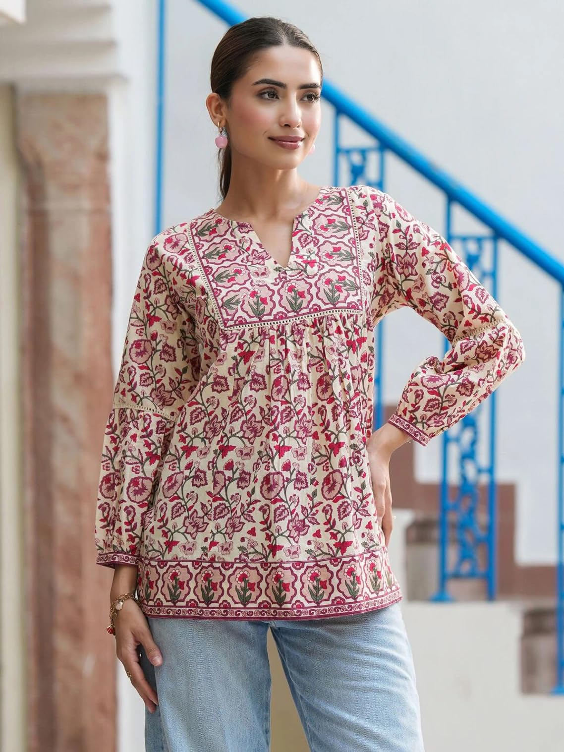 RANGZARI Printed Short Kurti for Women | Comfortable and Stylish, Available in Size M Peach