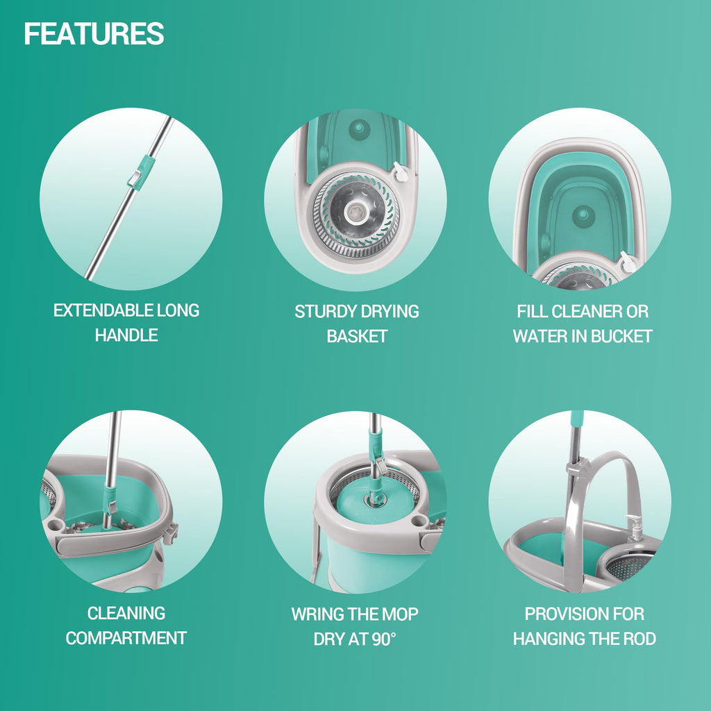 Spotzero by Milton Prime Stainless Steel Wringer Spin Mop with Big Wheel, Puller Handle, Bucket Floor Cleaning and Mopping System 360° Flexible,2 Microfiber Refills, Big Size, Aqua Green