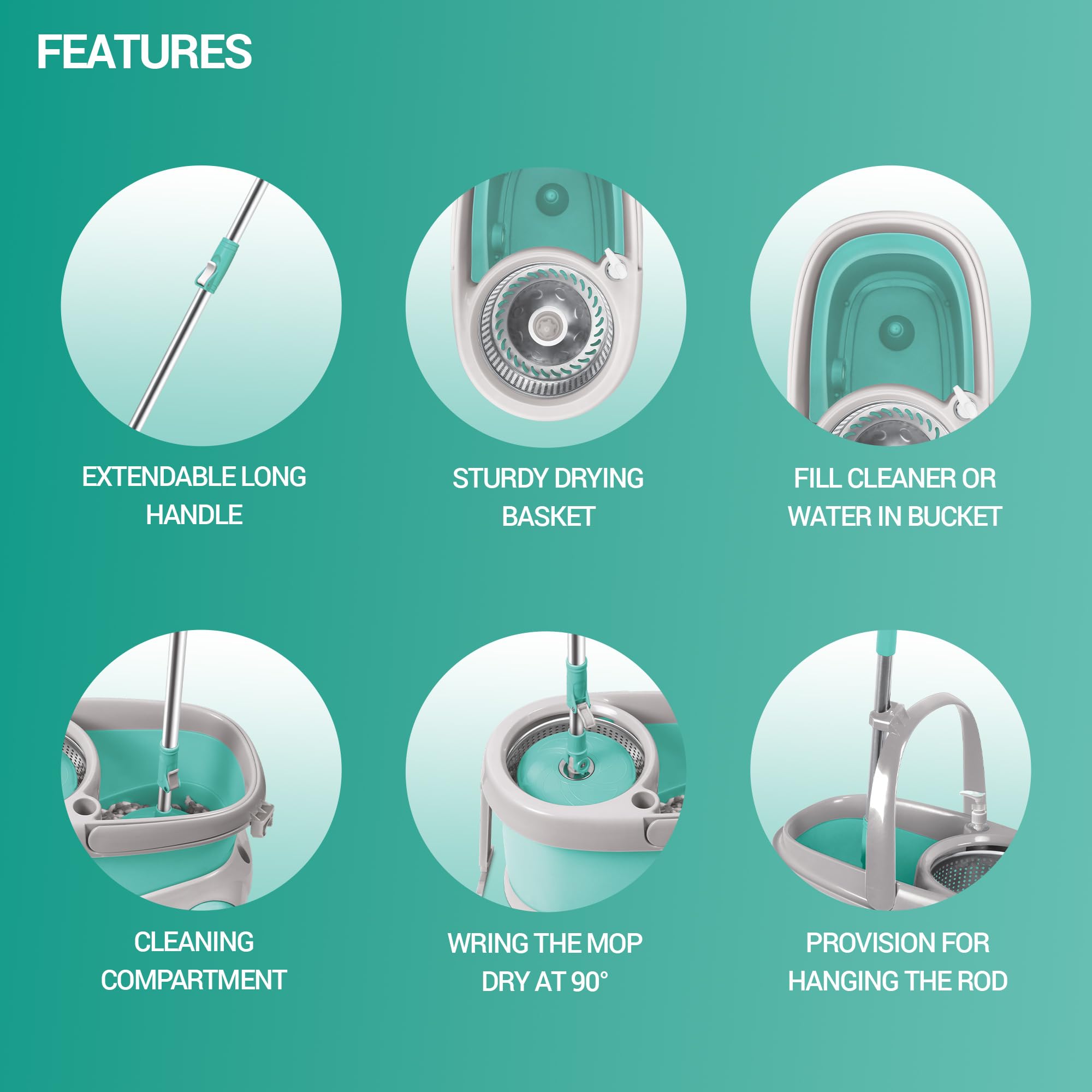 Spotzero by Milton Prime Stainless Steel Wringer Spin Mop with Big Wheel, Puller Handle, Bucket Floor Cleaning and Mopping System 360° Flexible,2 Microfiber Refills, Big Size, Aqua Green