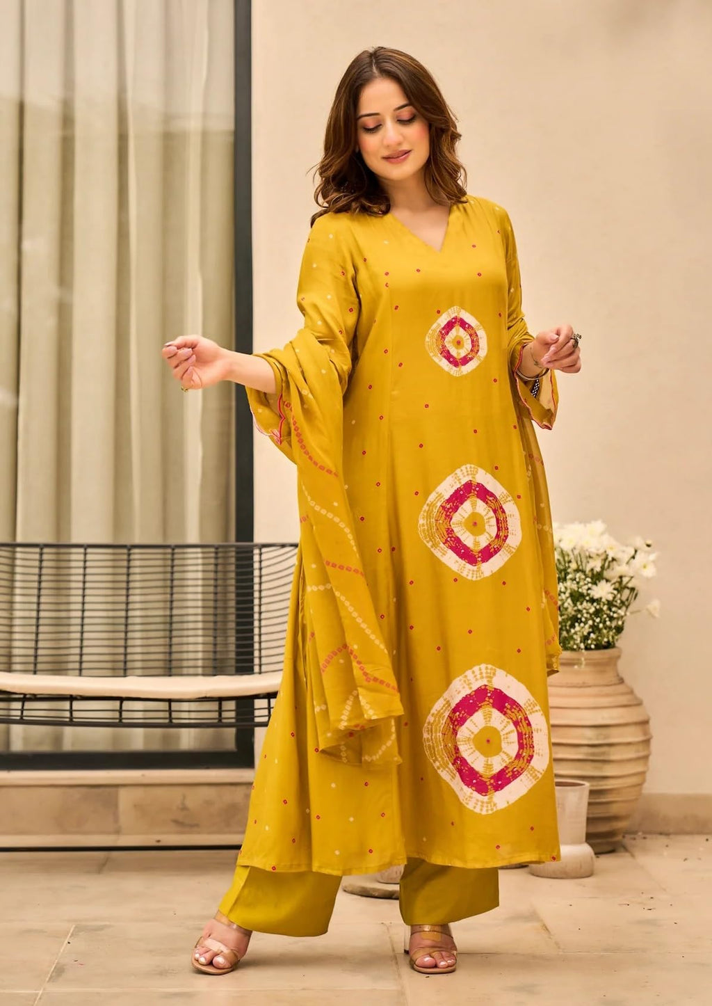 Nermosa Women Pure Cotton Kurta Pant Dupatta Set | Summer Friendly Ethnic Suit Set for Women | V-Neck Printed Kurti with Matching Pants & Dupatta | Casual & Office Wear (IN, Alpha, 2XL, Yellow)