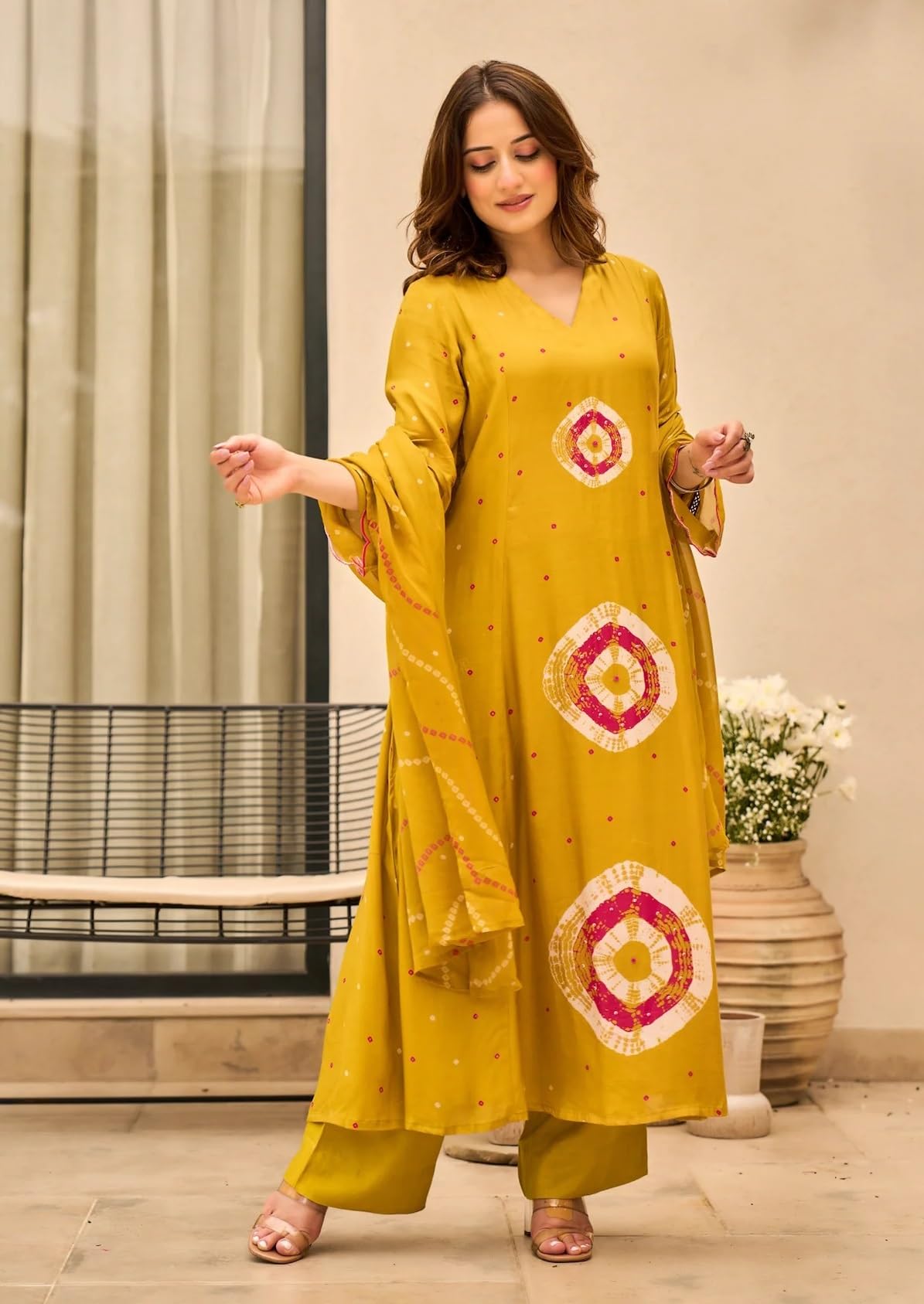 Nermosa Women Pure Cotton Kurta Pant Dupatta Set | Summer Friendly Ethnic Suit Set for Women | V-Neck Printed Kurti with Matching Pants & Dupatta | Casual & Office Wear (IN, Alpha, 2XL, Yellow)