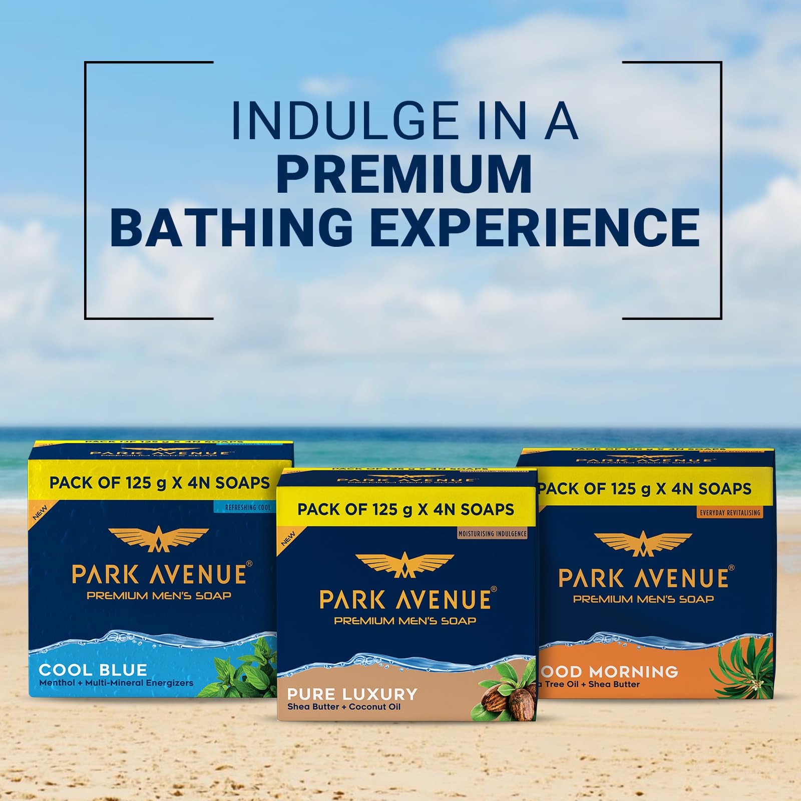 Park Avenue Premium Men’s Soaps for Bath – Cool Blue | 125g (Pack of 4) | Menthol & Mineral Energizer | Grade 1 Soap | For All Skin Types