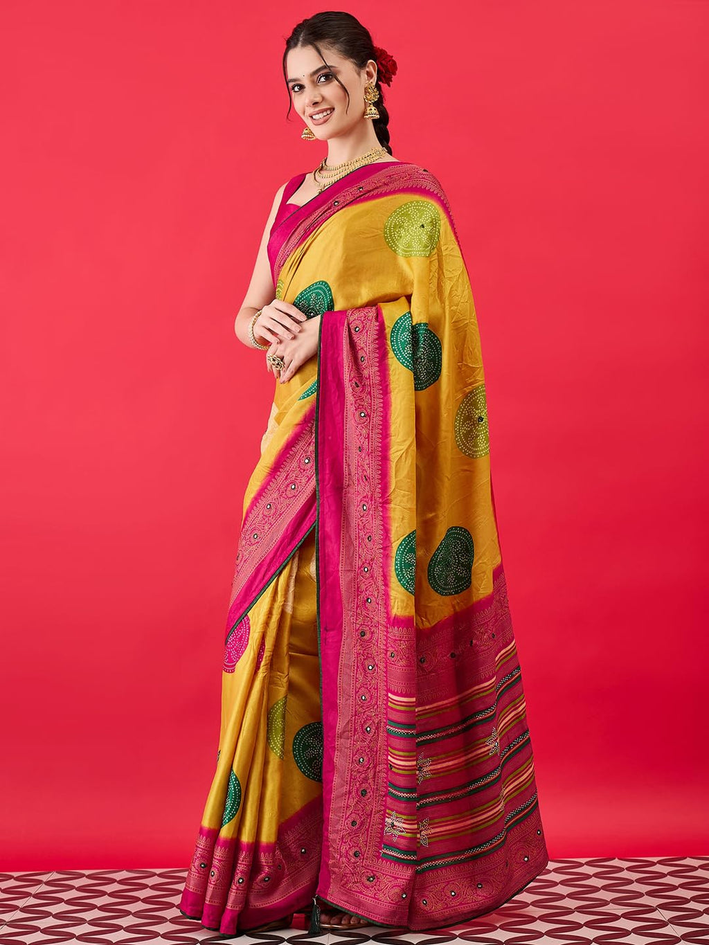 AKHILAM Women's Bandhani Printed Chiffon Saree with Blouse