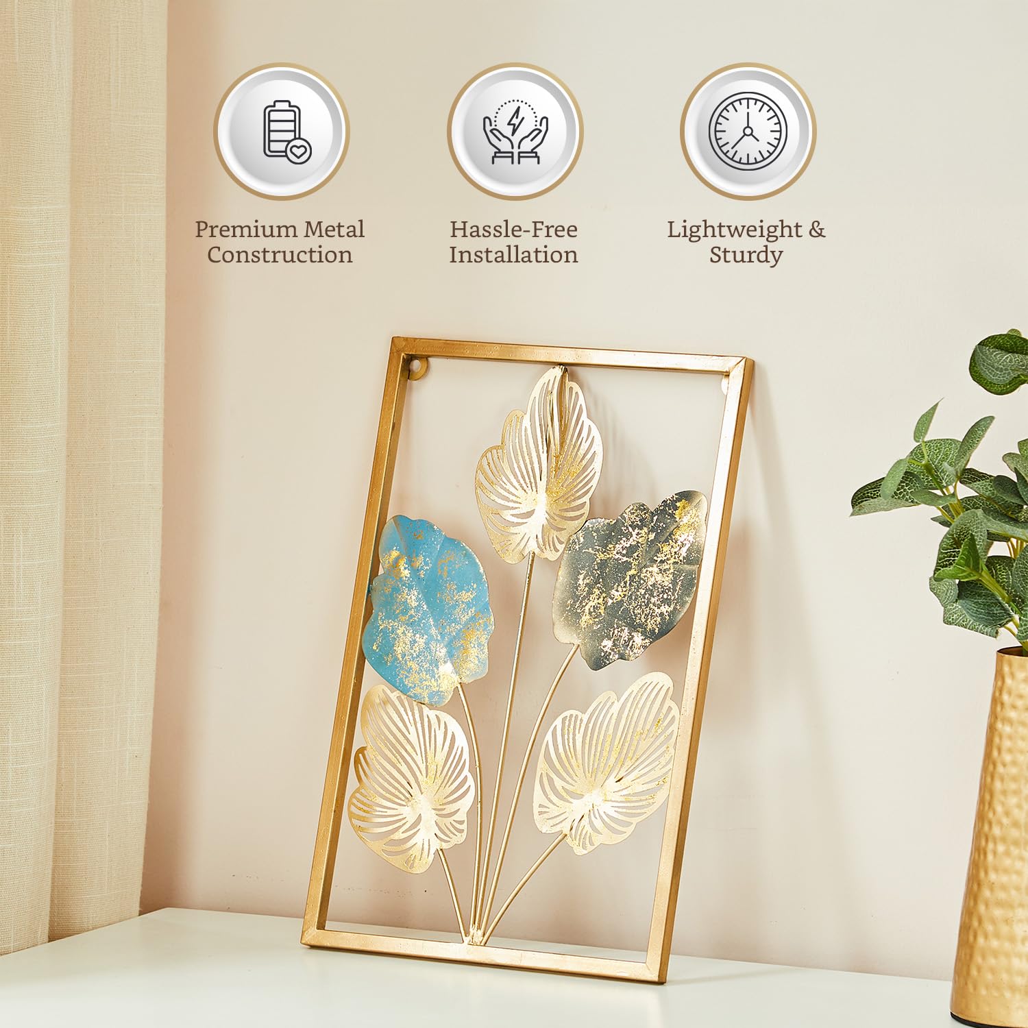 Amazon Brand – Solimo Leaves Metal Wall Decor | Elegant Nature-Inspired Iron Wall Hanging | Sturdy Iron | Wall Hanging | Wall Décor | Easy Installation | 37 x 25 cm Each | Set of 3