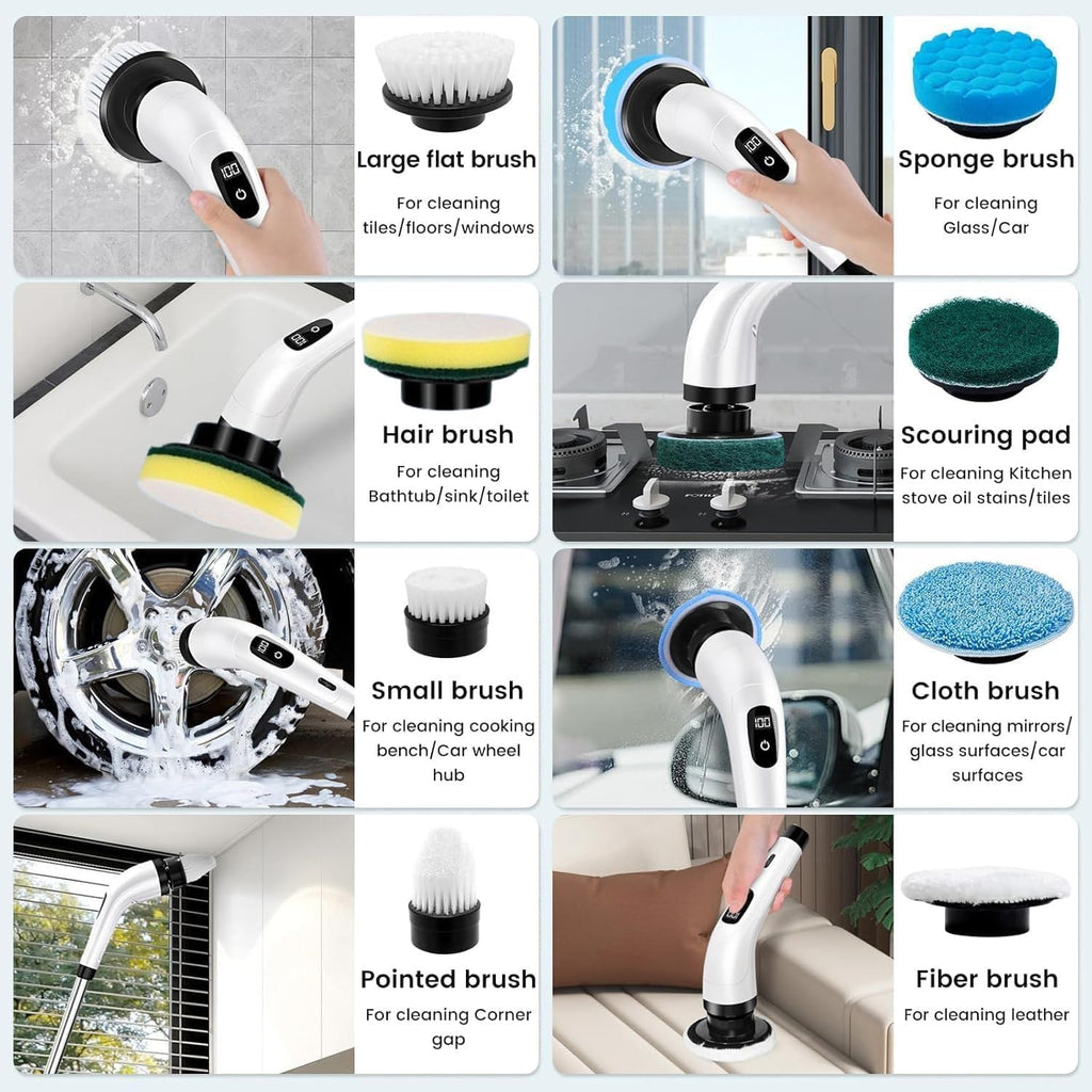 DADLM® 9 in 1 Electric Spin Scrubber,Cleaning Brush Scrubber for Home, 400RPM/Mins-9 Replaceable Brush Heads-90Mins Work Time,Adjustable Size,2 Adjustable Speeds for Bathroom Shower (1)