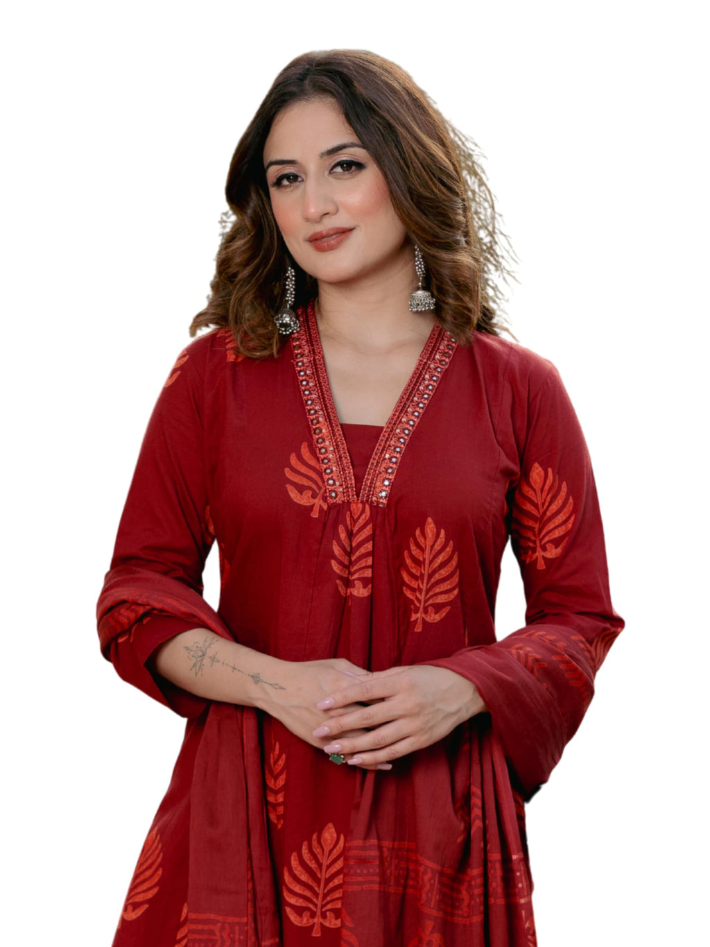 Arayna Women’s Pure Cotton Printed Kurta Pant Dupatta Set | Elegant Ethnic Suit Set with Minimal Leaf Motifs | Straight Fit 3-Piece Set for Women | Crimson Red, X-Large