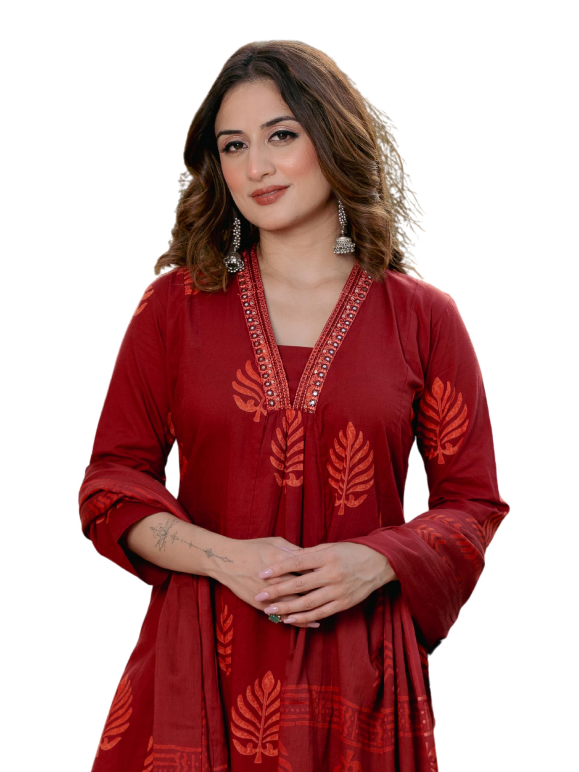 Arayna Women’s Pure Cotton Printed Kurta Pant Dupatta Set | Elegant Ethnic Suit Set with Minimal Leaf Motifs | Straight Fit 3-Piece Set for Women | Crimson Red, X-Large