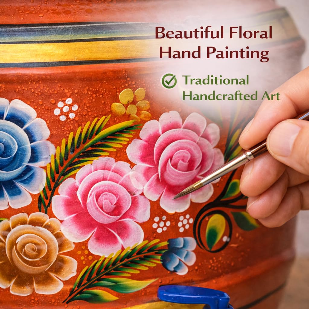 Hand-Painted Clay Water Pot with Tap | Earthen Matka Water Dispenser | Natural Cooling Terracotta Storage Pot | Traditional Mitti Matka for Home & Kitchen (Design 12)