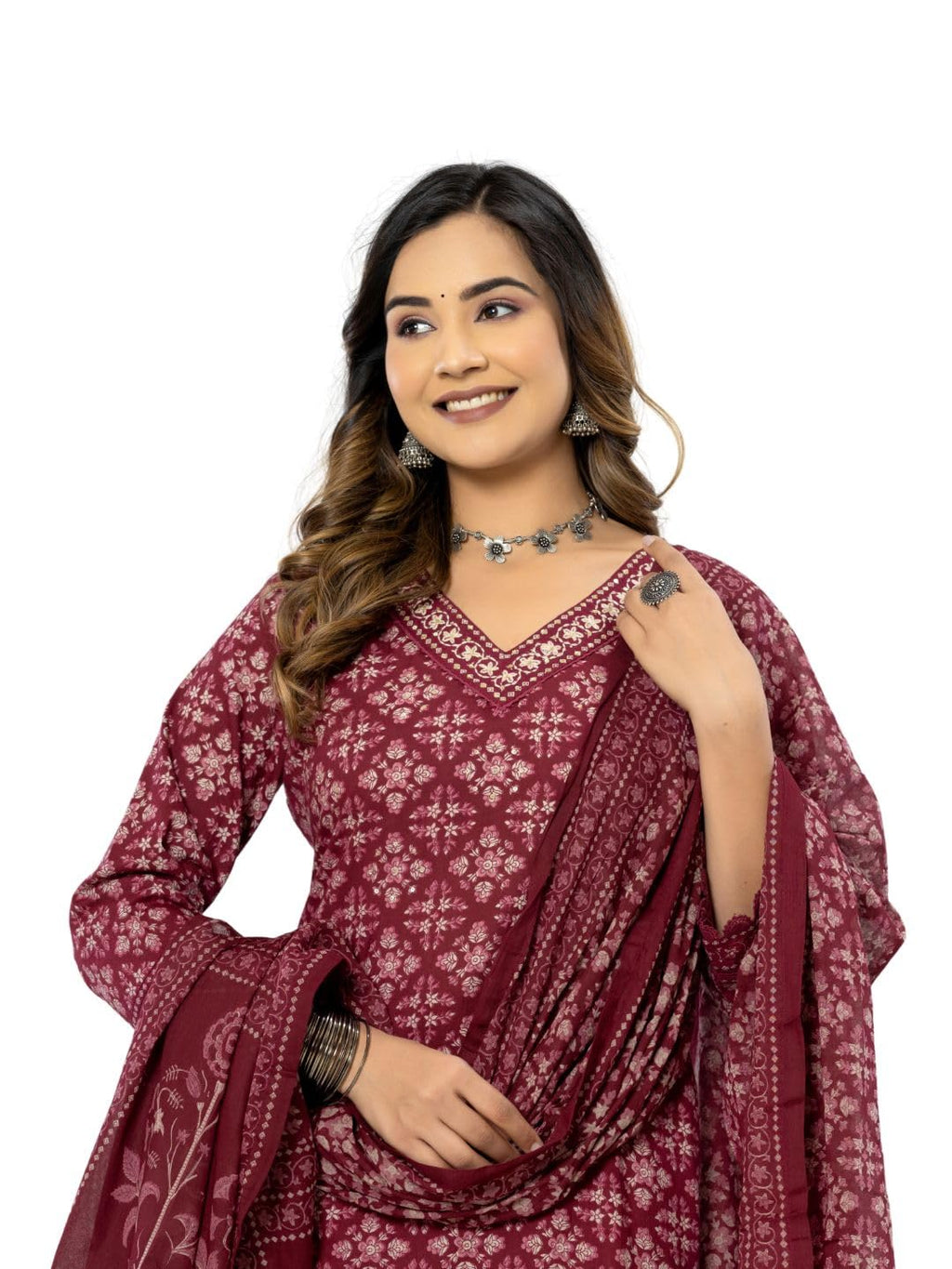 Amayra Women's Cotton Printed Straight Kurta with Pant and Dupatta Set(TCK559,Maroon,3XL)