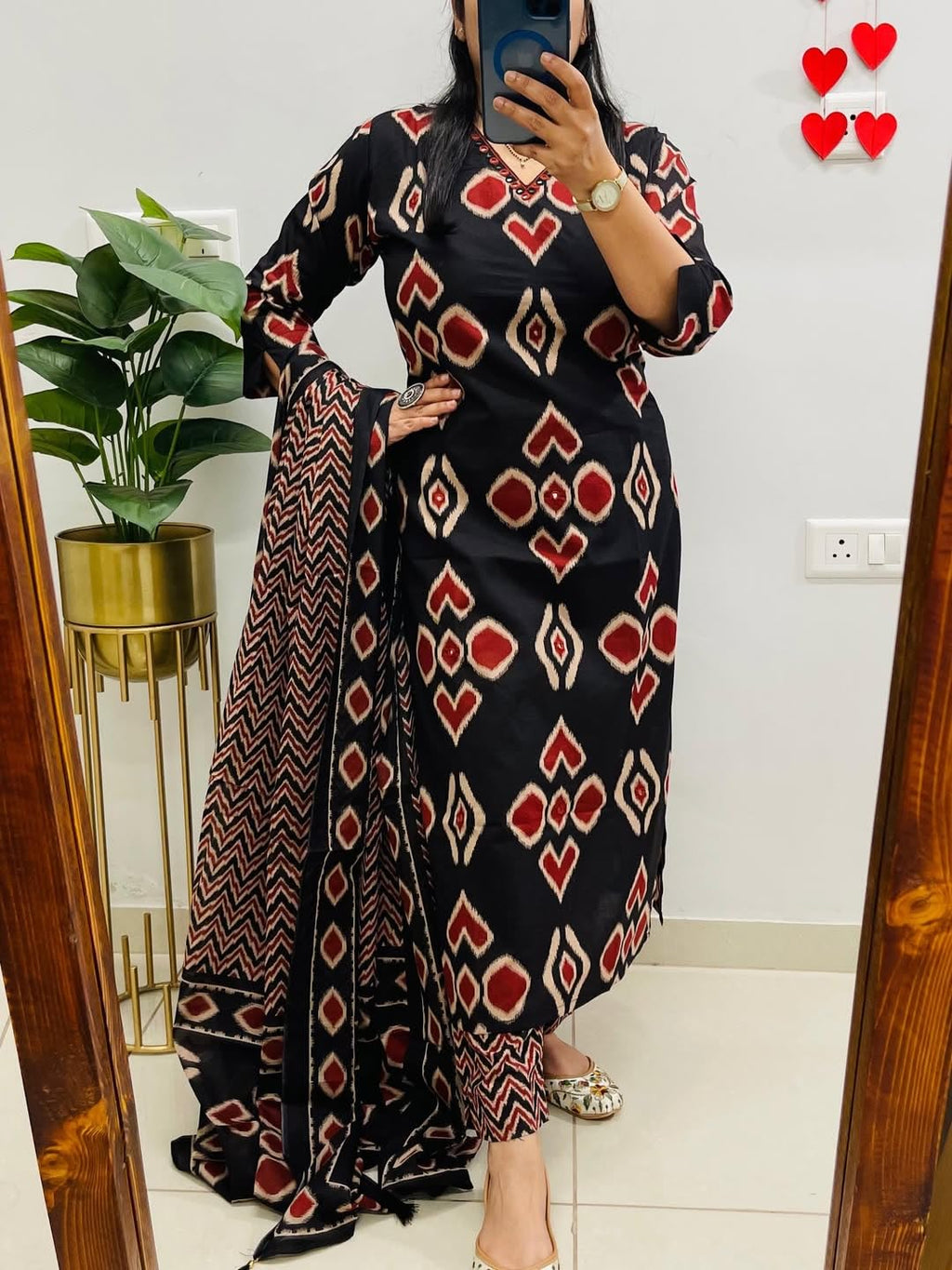 KASOOTI Women's Printed 100% Cotton Straight Kurta with Pants and Dupatta Set | Ethnic Set |Kurta Set (BLACK)