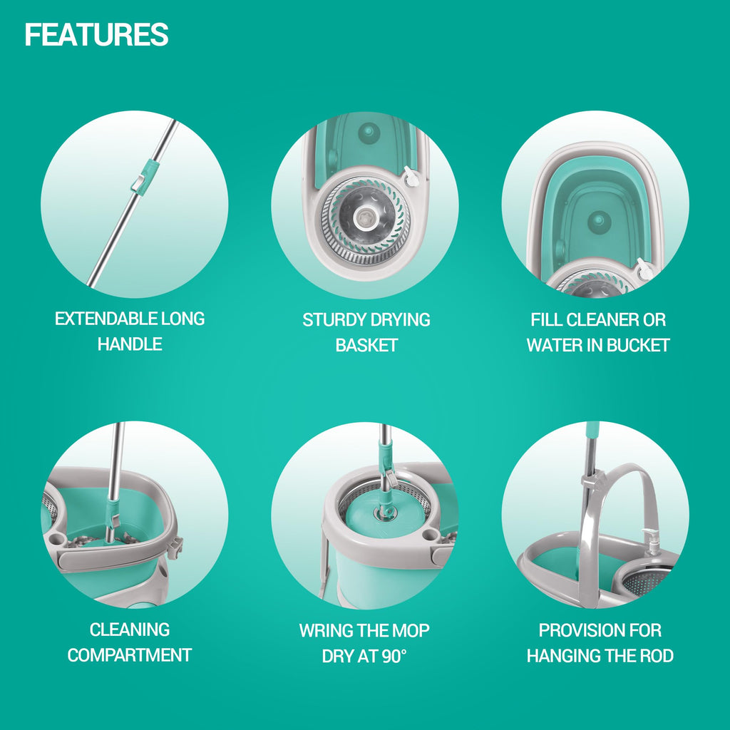 Spotzero by Milton Prime Stainless Steel Wringer Spin Mop with Big Wheel, Puller Handle, Bucket Floor Cleaning and Mopping System 360° Flexible,2 Microfiber Refills, Big Size, Aqua Green