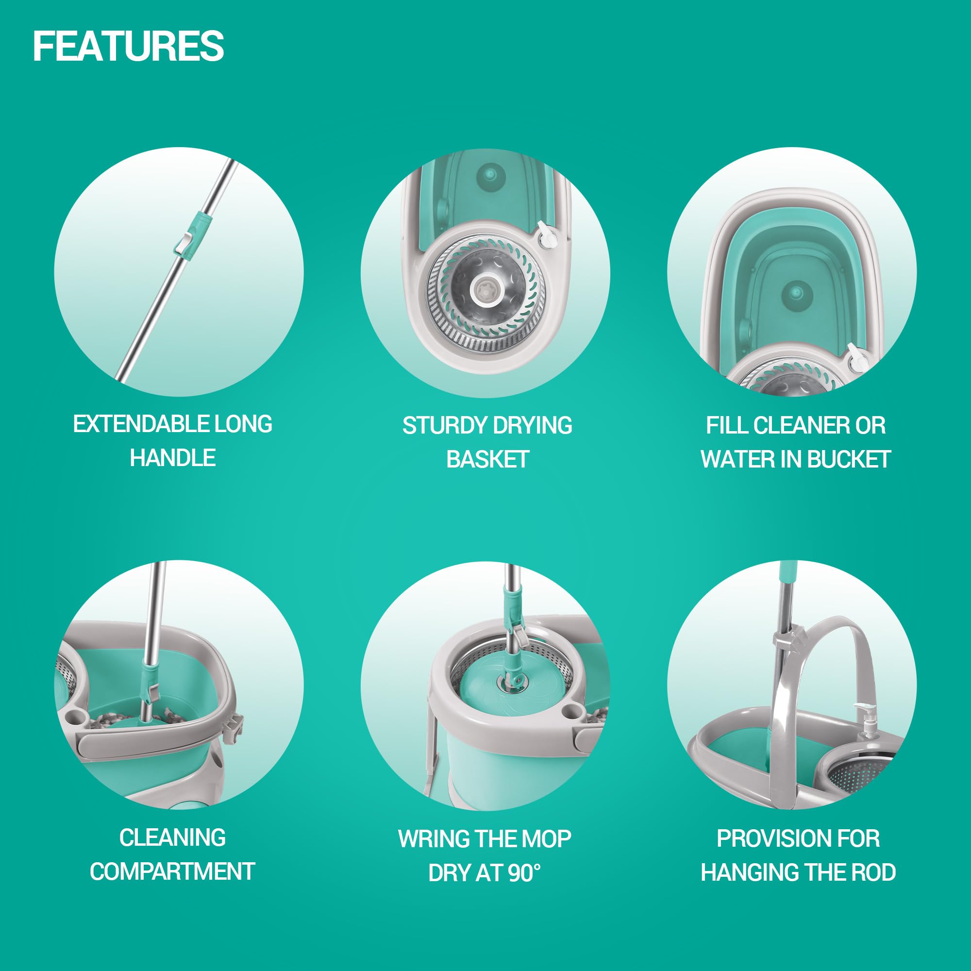 Spotzero by Milton Prime Stainless Steel Wringer Spin Mop with Big Wheel, Puller Handle, Bucket Floor Cleaning and Mopping System 360° Flexible,2 Microfiber Refills, Big Size, Aqua Green