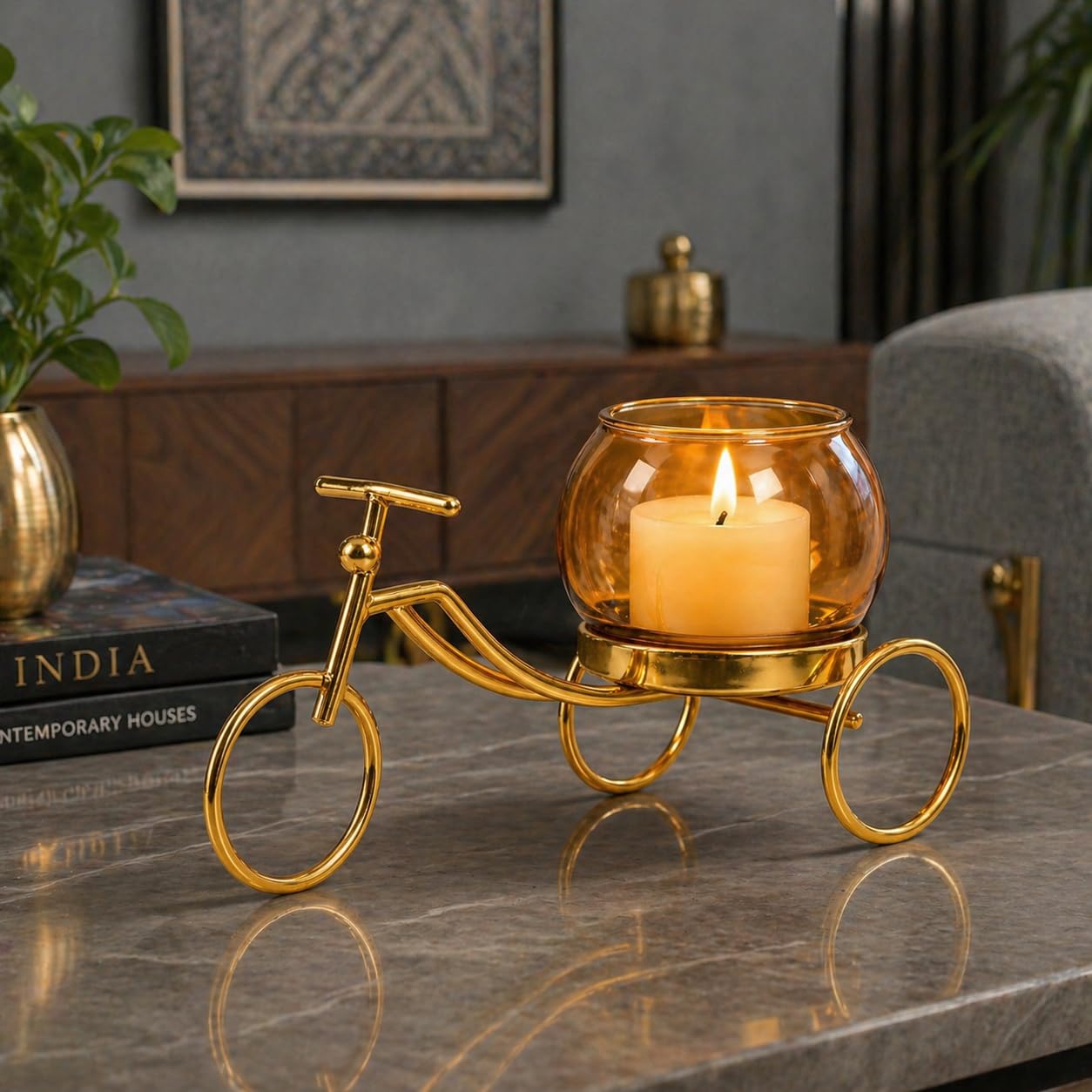 CentraLit Decorative Metal Tricycle Candle Holder with Glass Bowl | Gold Tea Light Holder Stand, Vase for Home Decor, Decorative Plant Pot for Living Room, Aesthetic Home Decor Item & Return Gift