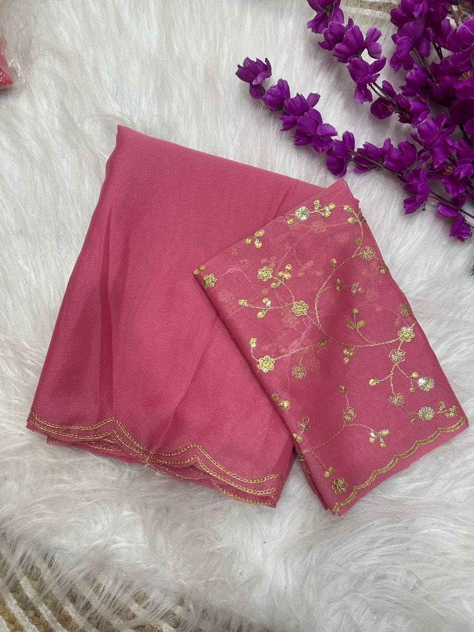Chinon Silk Saree with Embroidered Blouse, Traditional Georgette Saree, Elephant Embroidery Pattern, V-Neck Design, Free Size, Festival Wear (Pink)