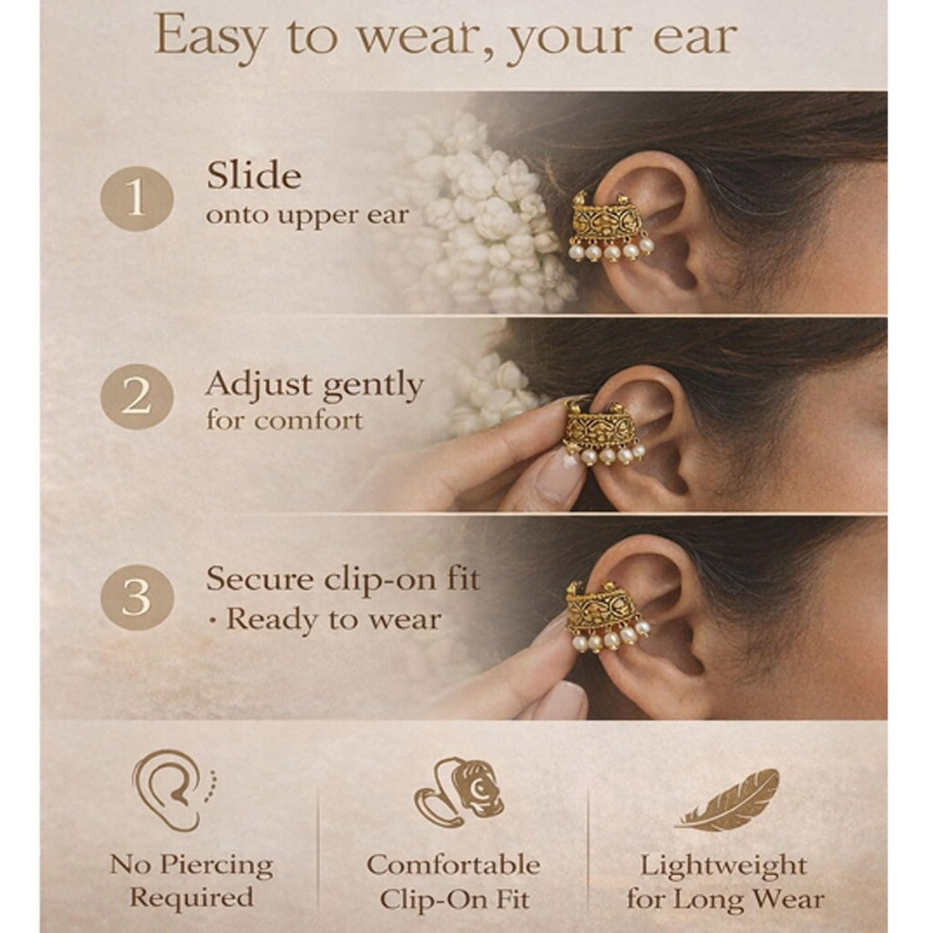 VAMA FASHIONS Traditional 18K Gold Plated South Indian Bugadi Bigadi Ear Cuff Earrings Temple Jewellery Pearl Drop Helix Ear Rings Maharashtrian Jewellery for Women
