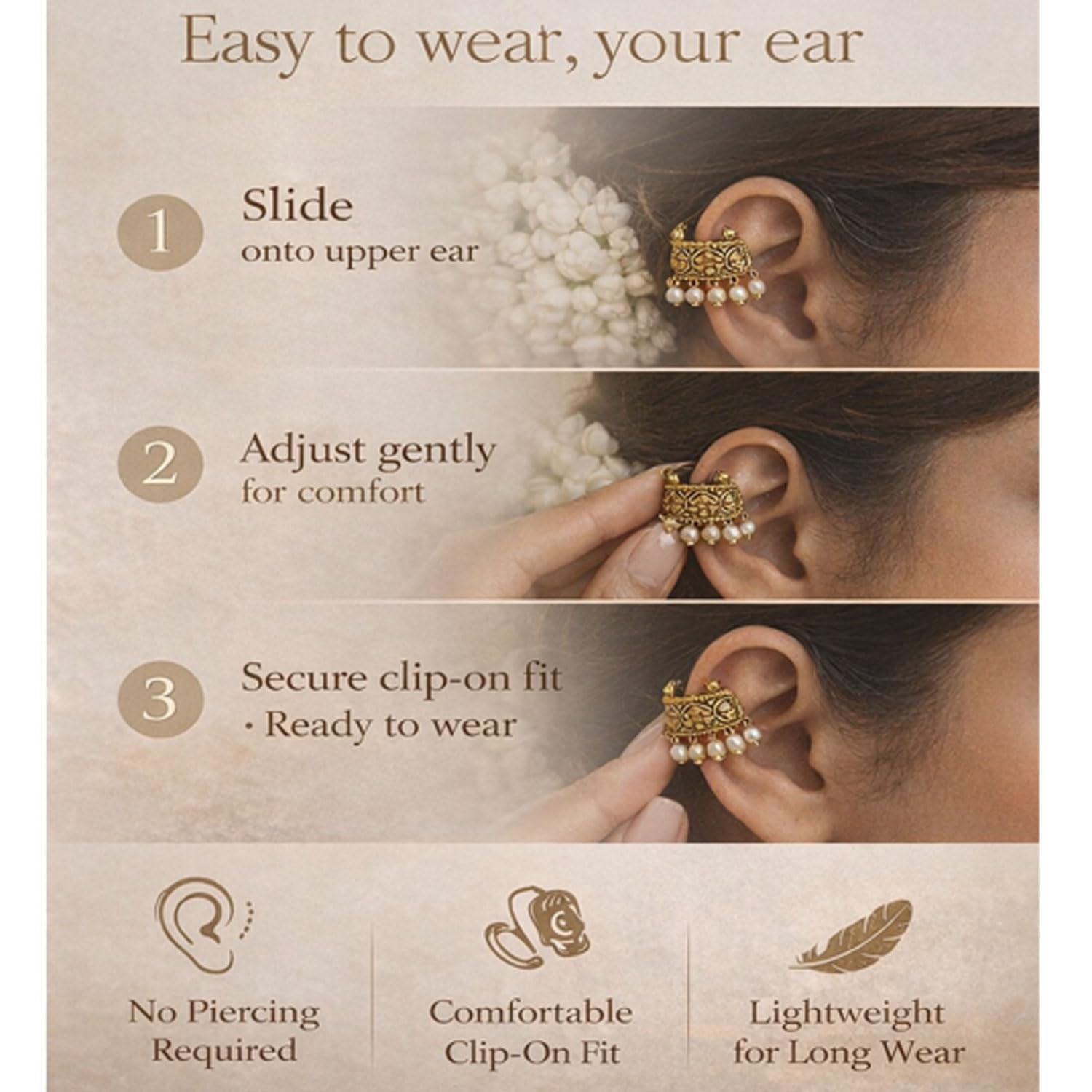 VAMA FASHIONS Traditional 18K Gold Plated South Indian Bugadi Bigadi Ear Cuff Earrings Temple Jewellery Pearl Drop Helix Ear Rings Maharashtrian Jewellery for Women