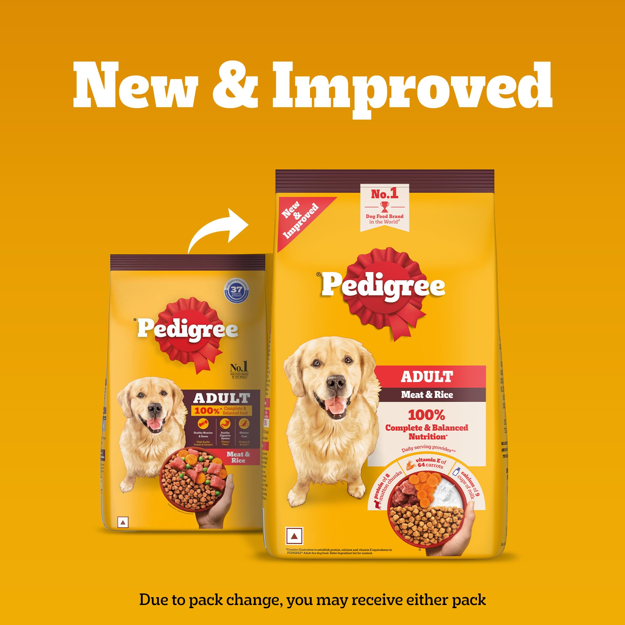 Pedigree Adult Dry Dog Food, Meat & Rice, 3 kg, Contains 37 Essential Nutrients, 100% Complete & Balanced Food for Adult Dogs