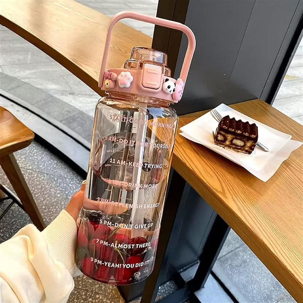 Motivational Water Bottle 2 Litre with Time Marker | Leak Proof BPA Free Gym Bottle | Sports Drinking Bottle with Straw & Handle for Office, Gym, School