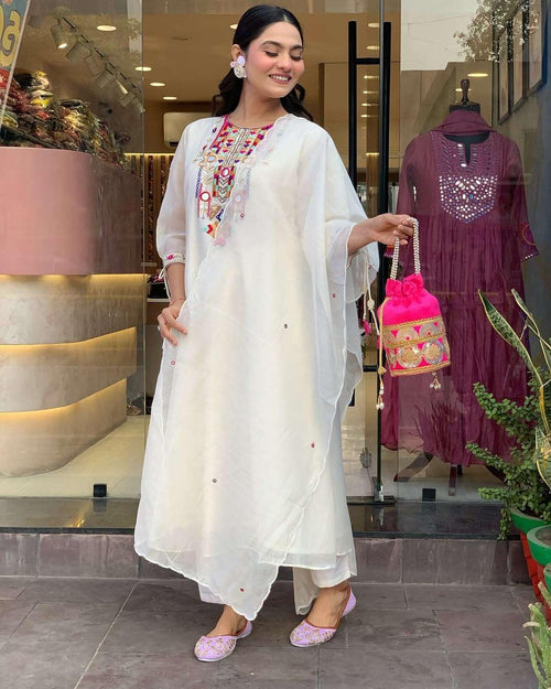 A K SWIFT Women's Cotton Mirror Work Embroidered Straight Kurti With Pant and Dupatta Set (White-L)