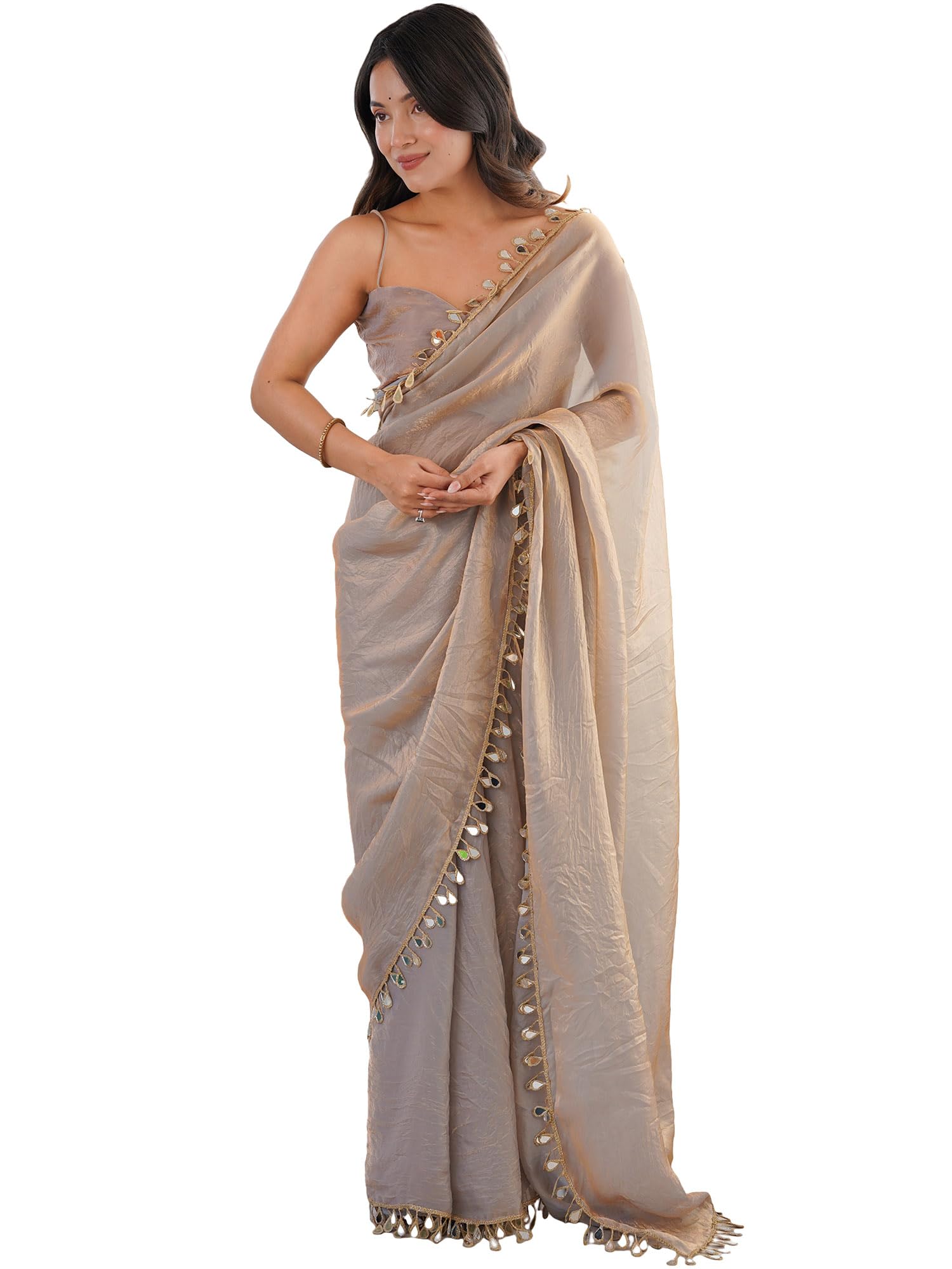 AKHILAM Women's Beige Satin Solid Mirror Work Saree With Unstitched Blouse Piece (82KAVI8204_RT)