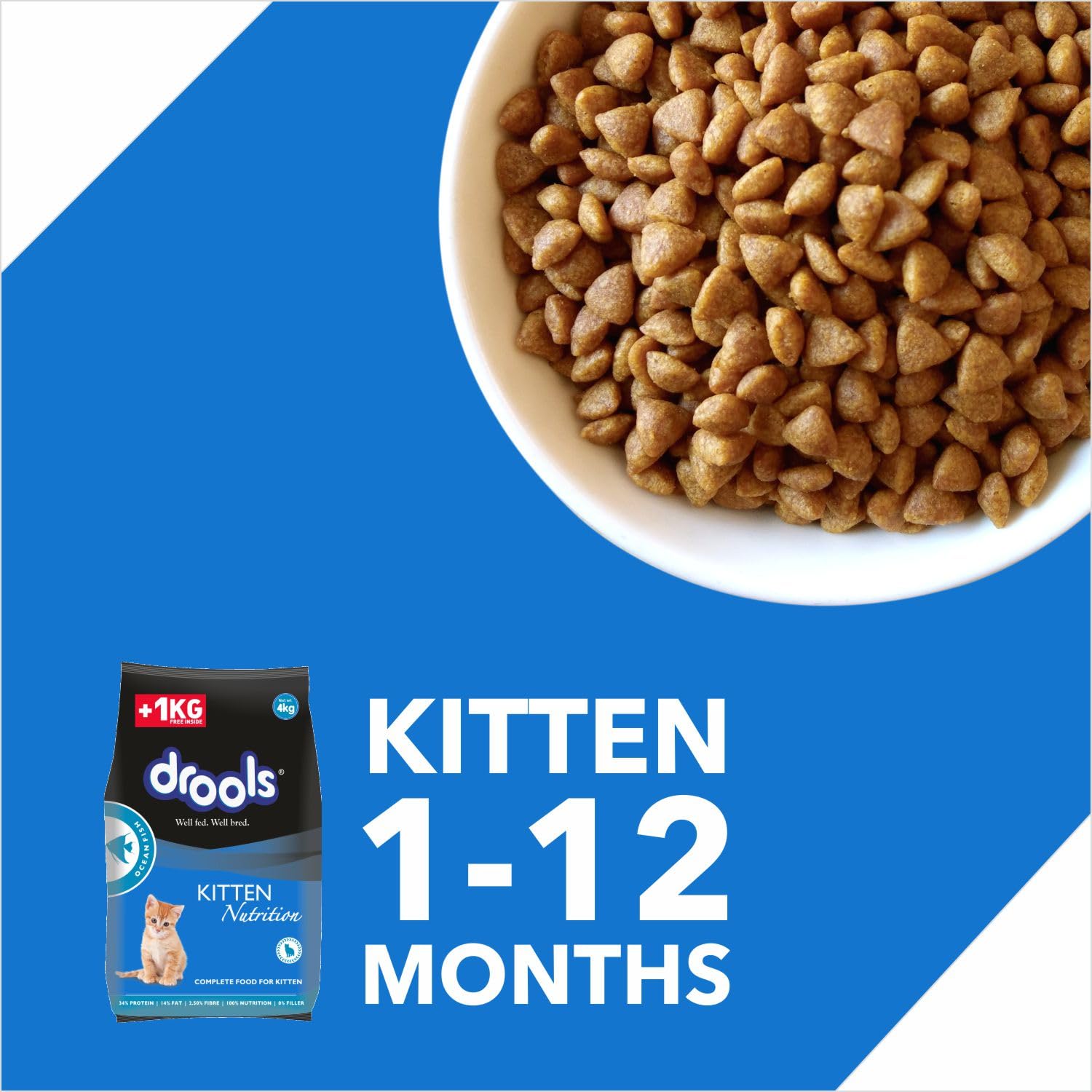 Drools Kitten Dry Cat Food 4kg Pack (3kg + 1kg food Free Inside) | Ocean Fish Flavour | Promotes Optimum Growth | Better Digestibility | Controls Urinary Ph | Healthy Skin and Lustrous Coat